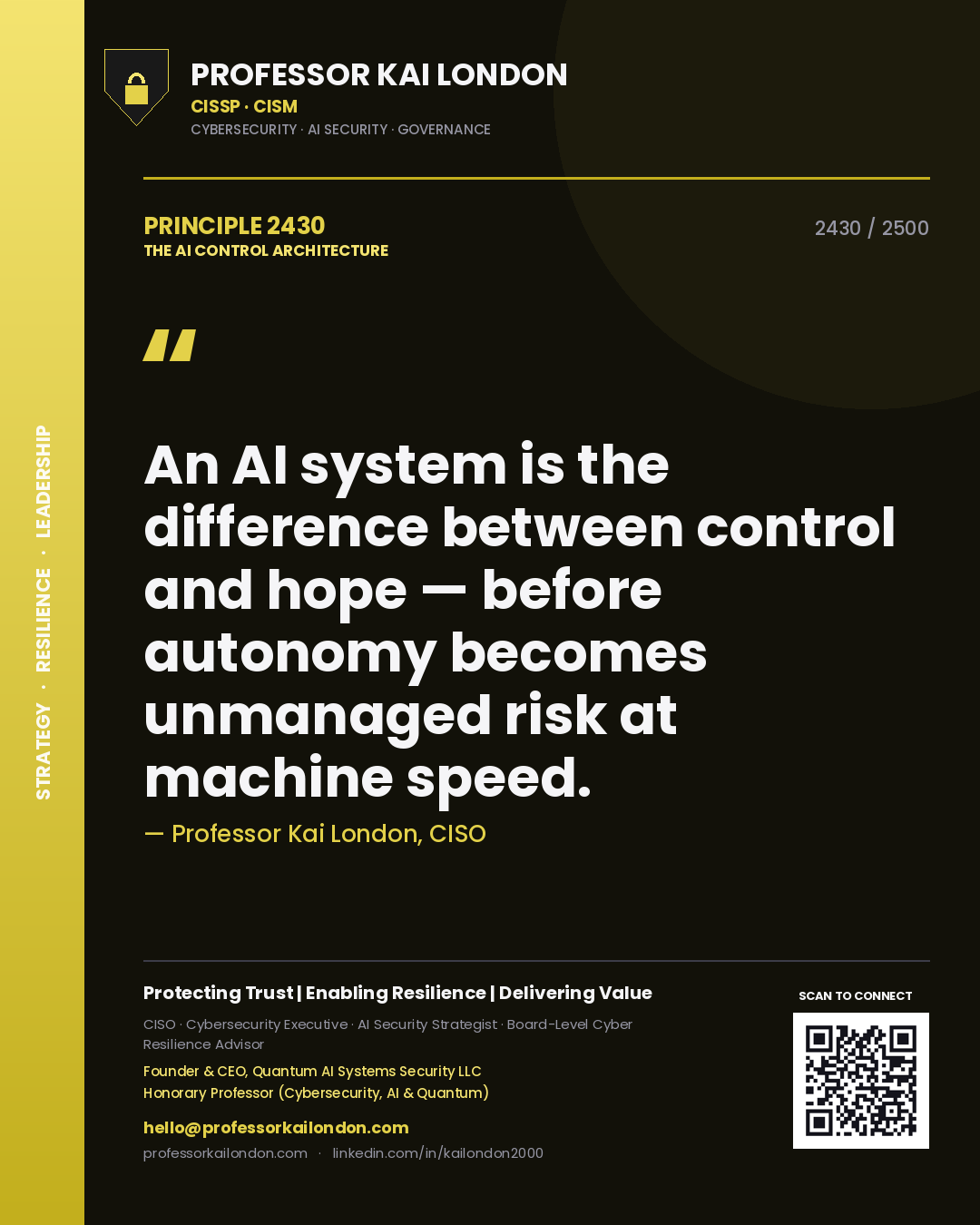 Professor Kai London principle 2430: An AI system is the difference between control and hope — before autonomy becomes unmanaged risk at machine speed.
