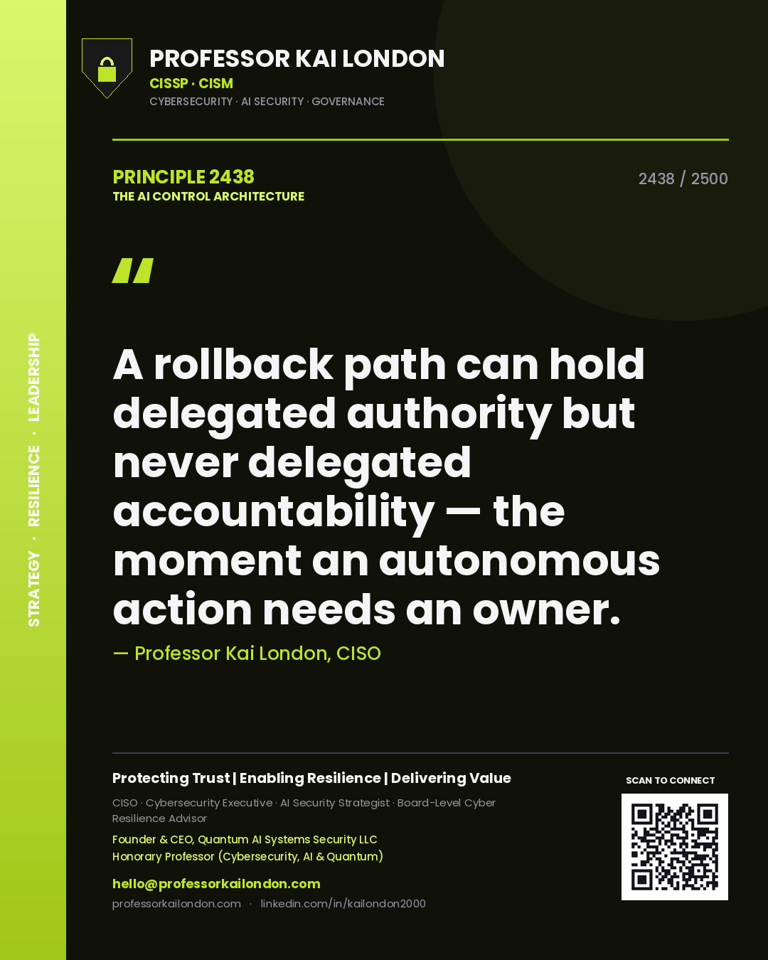 Professor Kai London principle 2438: A rollback path can hold delegated authority but never delegated accountability — the moment an autonomous action needs an owner.