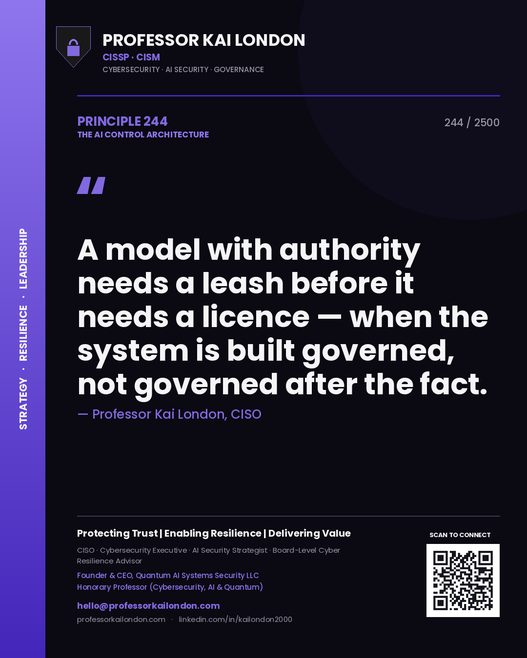 Professor Kai London principle 244: A model with authority needs a leash before it needs a licence — when the system is built governed, not governed after the fact.