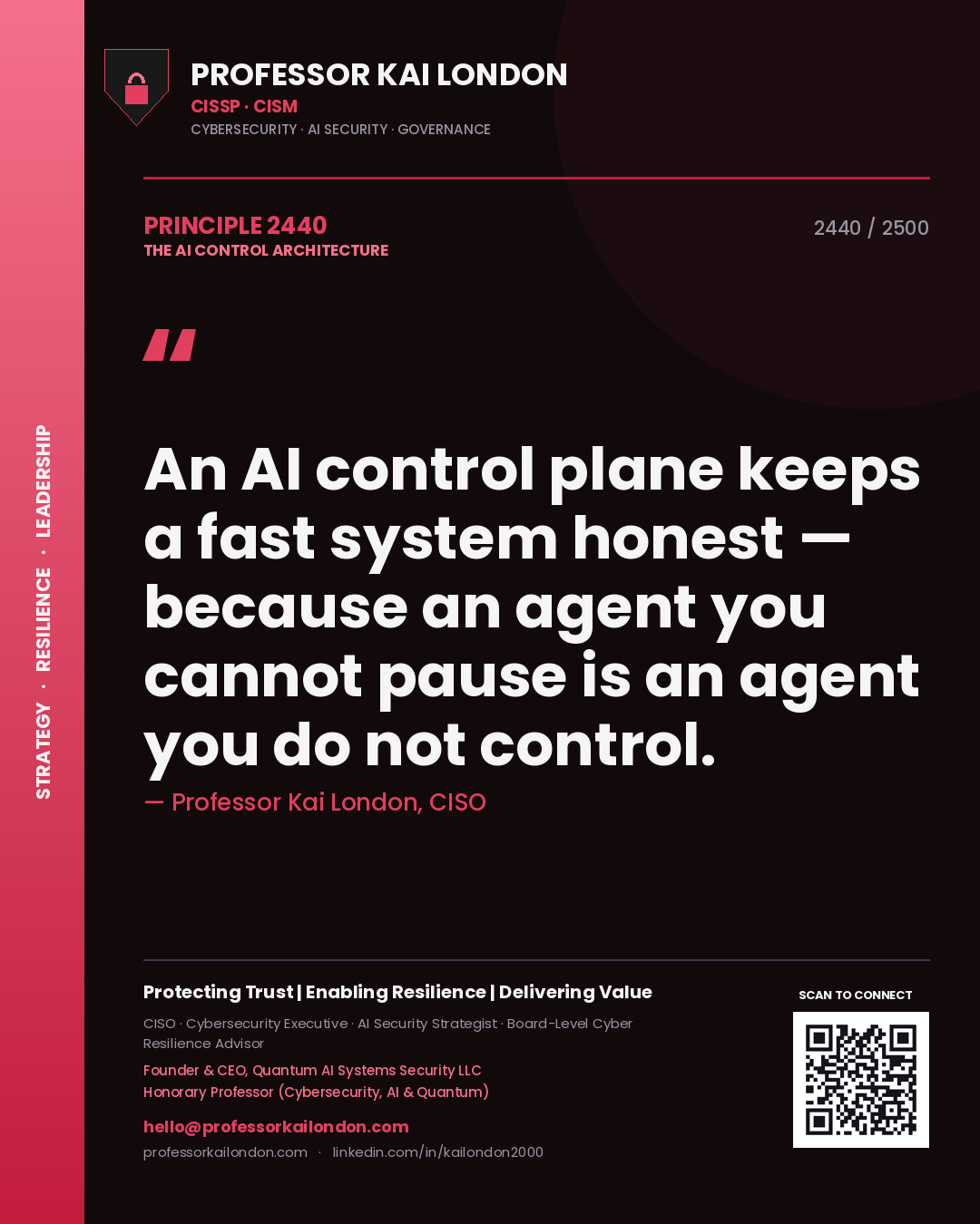 Professor Kai London principle 2440: An AI control plane keeps a fast system honest — because an agent you cannot pause is an agent you do not control.