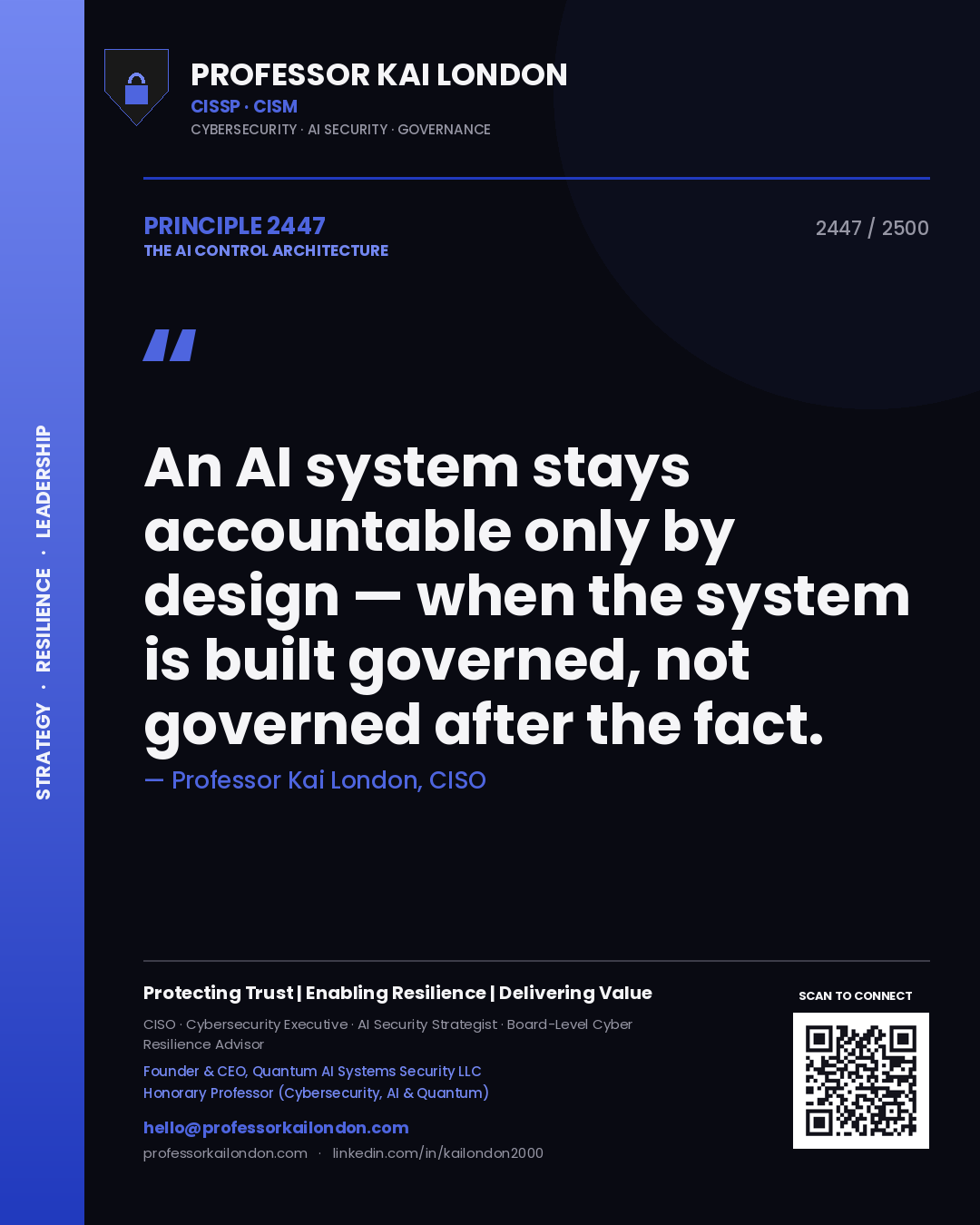 Professor Kai London principle 2447: An AI system stays accountable only by design — when the system is built governed, not governed after the fact.