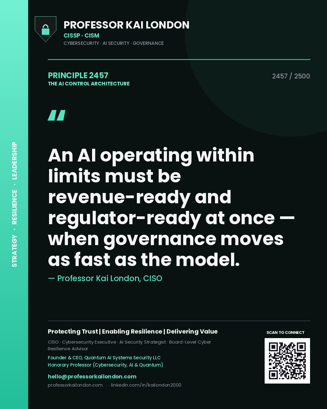 Professor Kai London principle 2457: An AI operating within limits must be revenue-ready and regulator-ready at once — when governance moves as fast as the model.