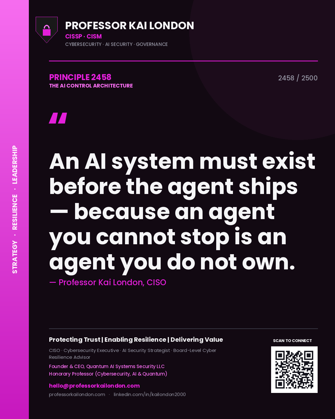 Quote card by Professor Kai London reading 'An AI system must exist before the agent ships — because an agent you cannot stop is an agent you do not own.'. From the book The AI Control Architecture.