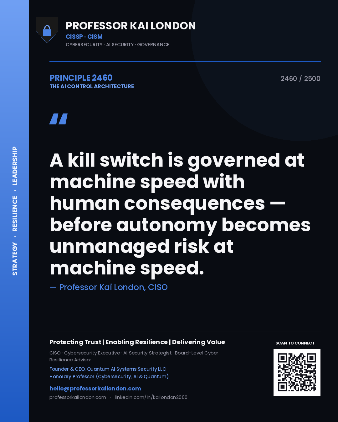 Professor Kai London principle 2460: A kill switch is governed at machine speed with human consequences — before autonomy becomes unmanaged risk at machine speed.