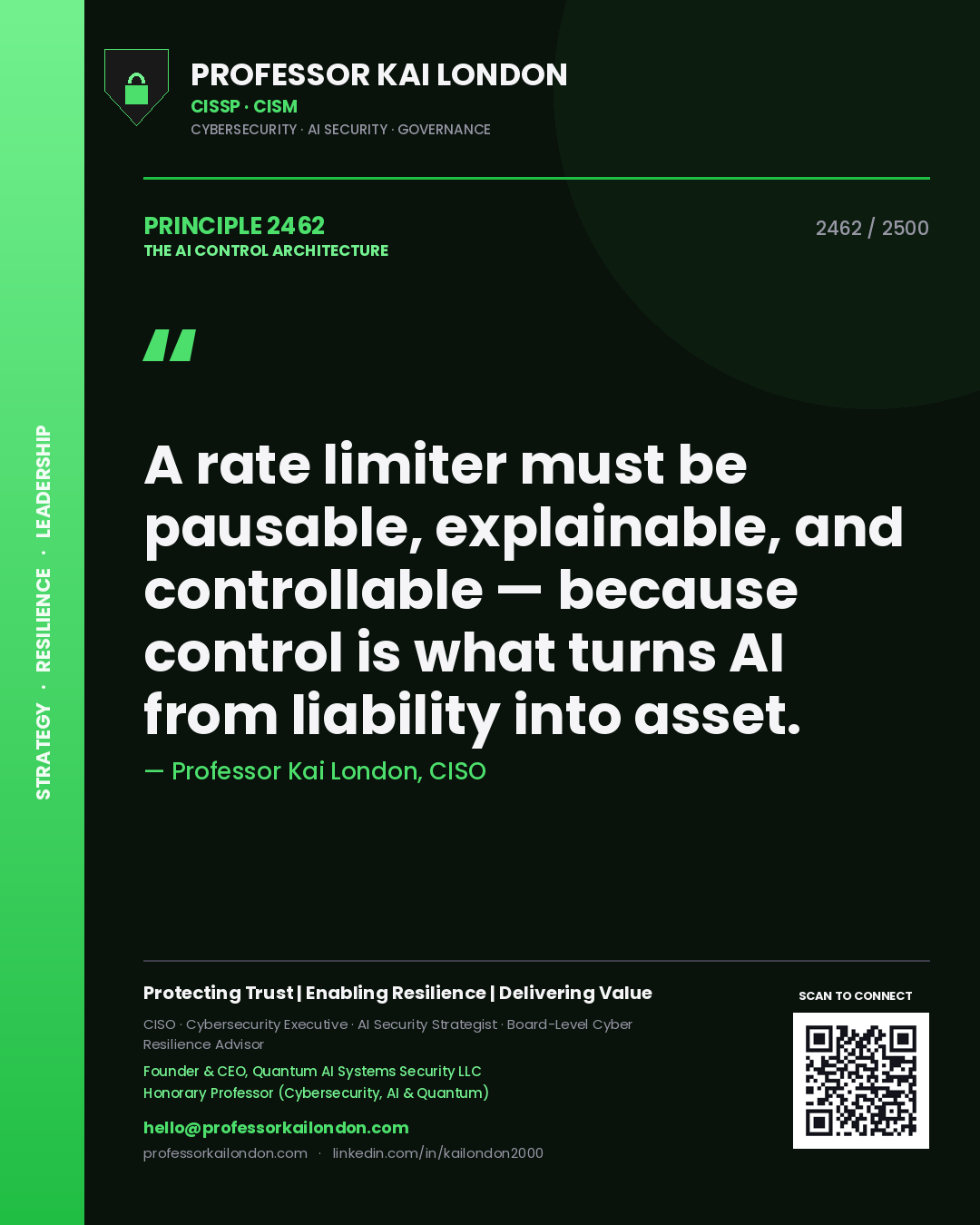 Professor Kai London principle 2462: A rate limiter must be pausable, explainable, and controllable — because control is what turns AI from liability into asset.