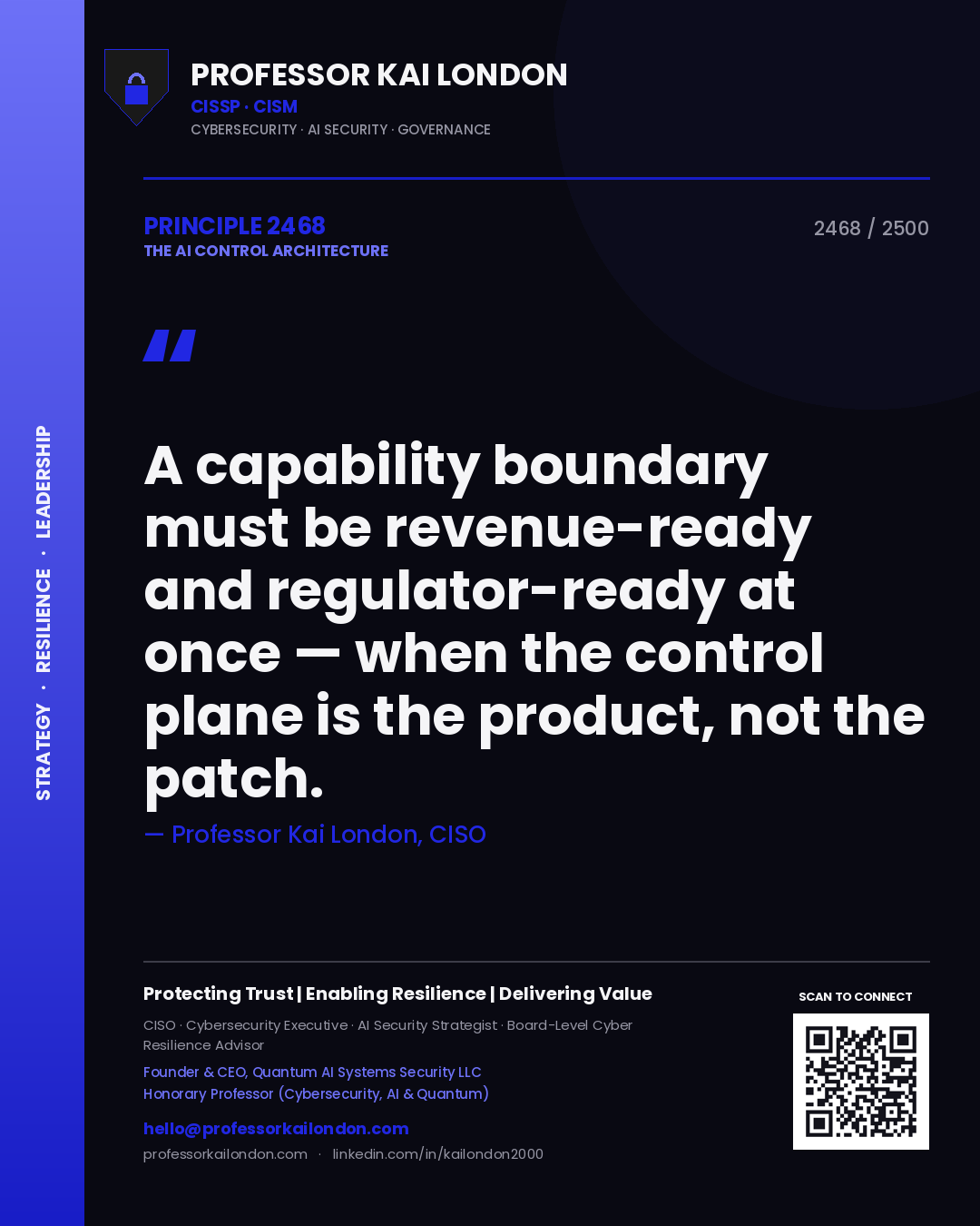 Quote card by Professor Kai London reading 'A capability boundary must be revenue-ready and regulator-ready at once — when the control plane is the product, not the patch.'. From the book The AI Control Architecture.