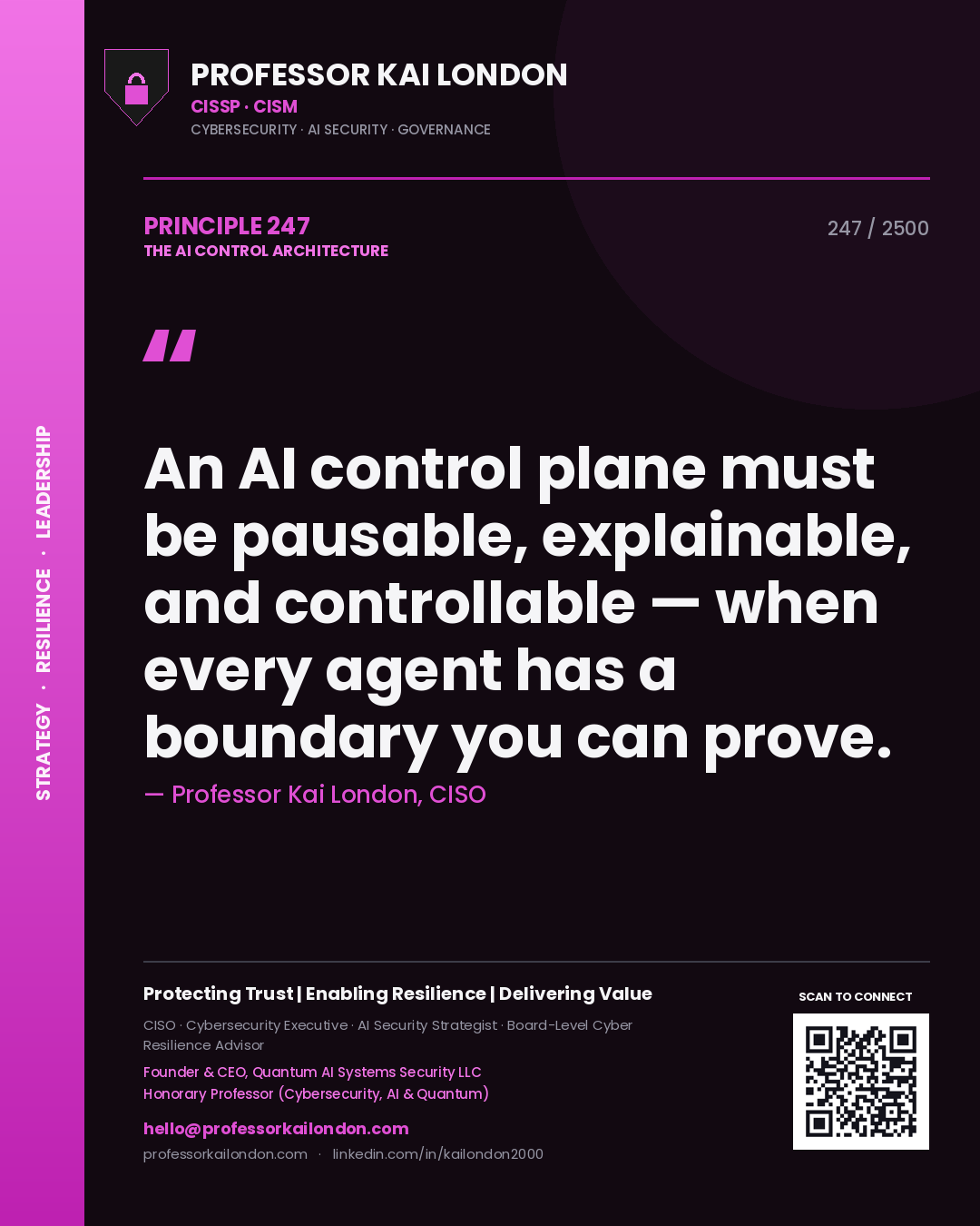 Quote card by Professor Kai London reading 'An AI control plane must be pausable, explainable, and controllable — when every agent has a boundary you can prove.'. From the book The AI Control Architecture.
