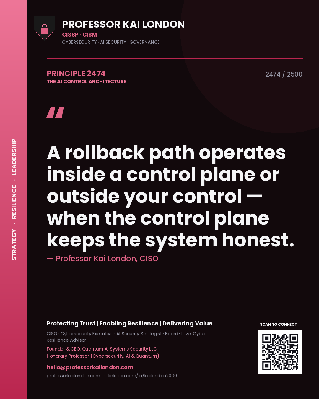 Professor Kai London principle 2474: A rollback path operates inside a control plane or outside your control — when the control plane keeps the system honest.