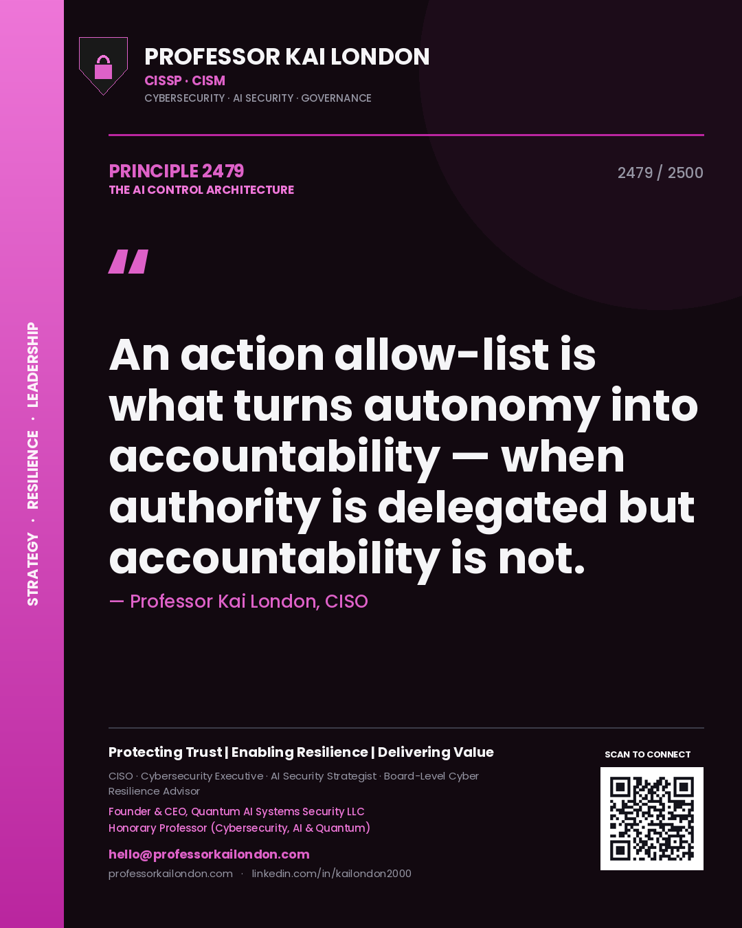 Quote card by Professor Kai London reading 'An action allow-list is what turns autonomy into accountability — when authority is delegated but accountability is not.'. From the book The AI Control Architecture.