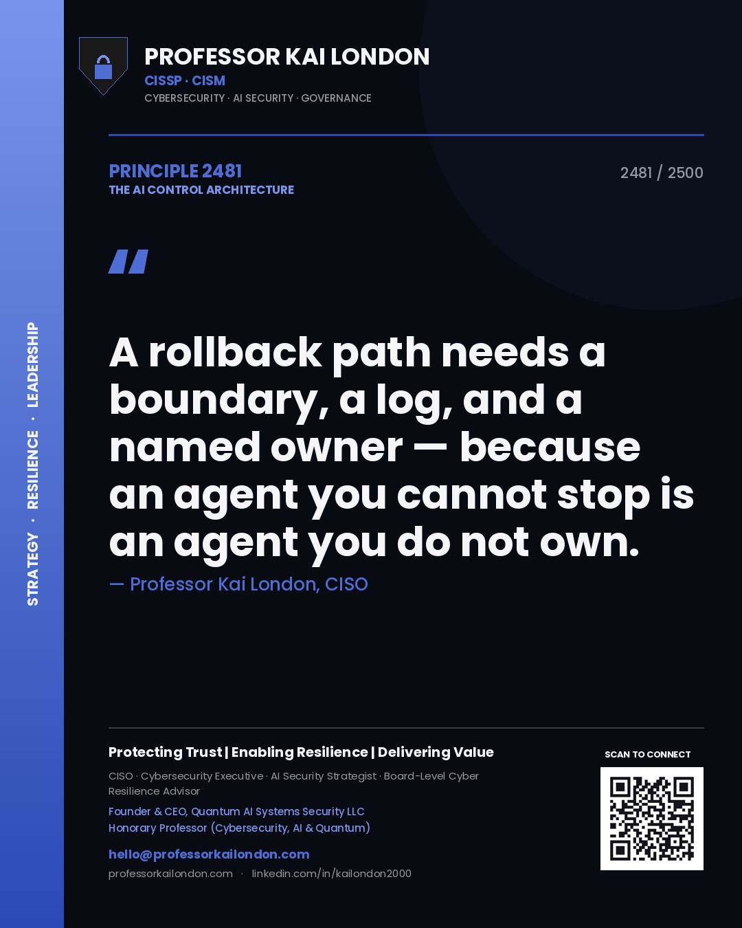 Professor Kai London principle 2481: A rollback path needs a boundary, a log, and a named owner — because an agent you cannot stop is an agent you do not own.