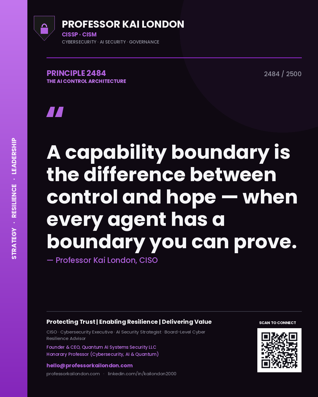 Professor Kai London principle 2484: A capability boundary is the difference between control and hope — when every agent has a boundary you can prove.