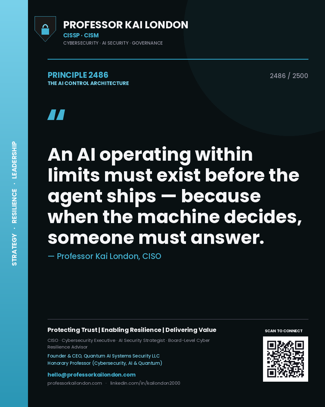 Quote card by Professor Kai London reading 'An AI operating within limits must exist before the agent ships — because when the machine decides, someone must answer.'. From the book The AI Control Architecture.