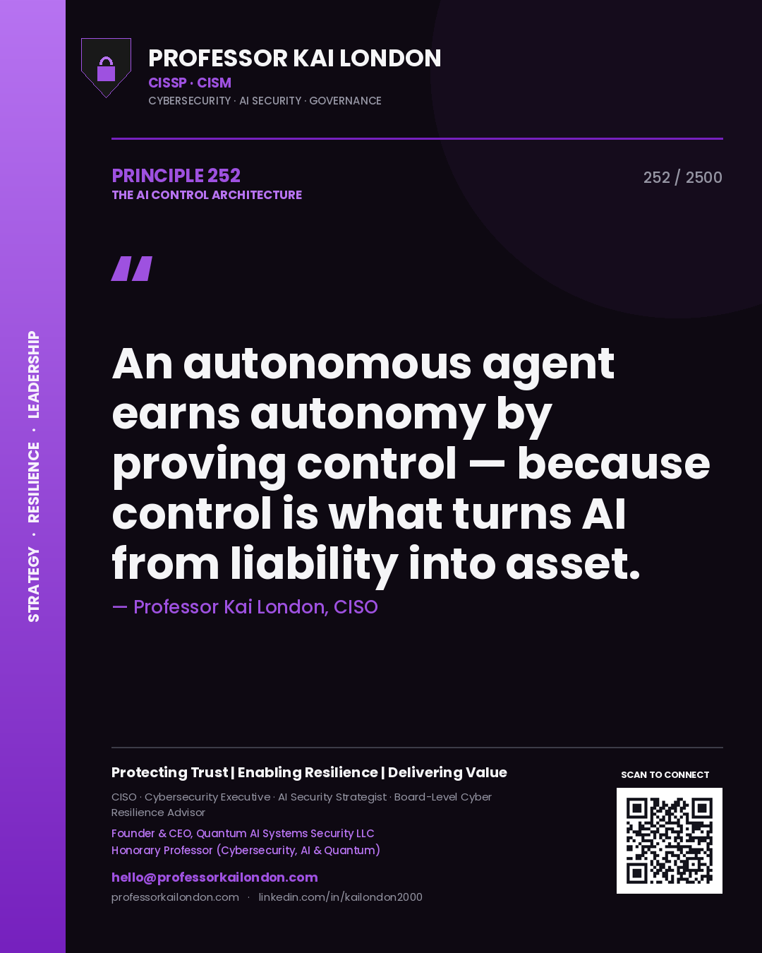 Quote card by Professor Kai London reading 'An autonomous agent earns autonomy by proving control — because control is what turns AI from liability into asset.'. From the book The AI Control Architecture.