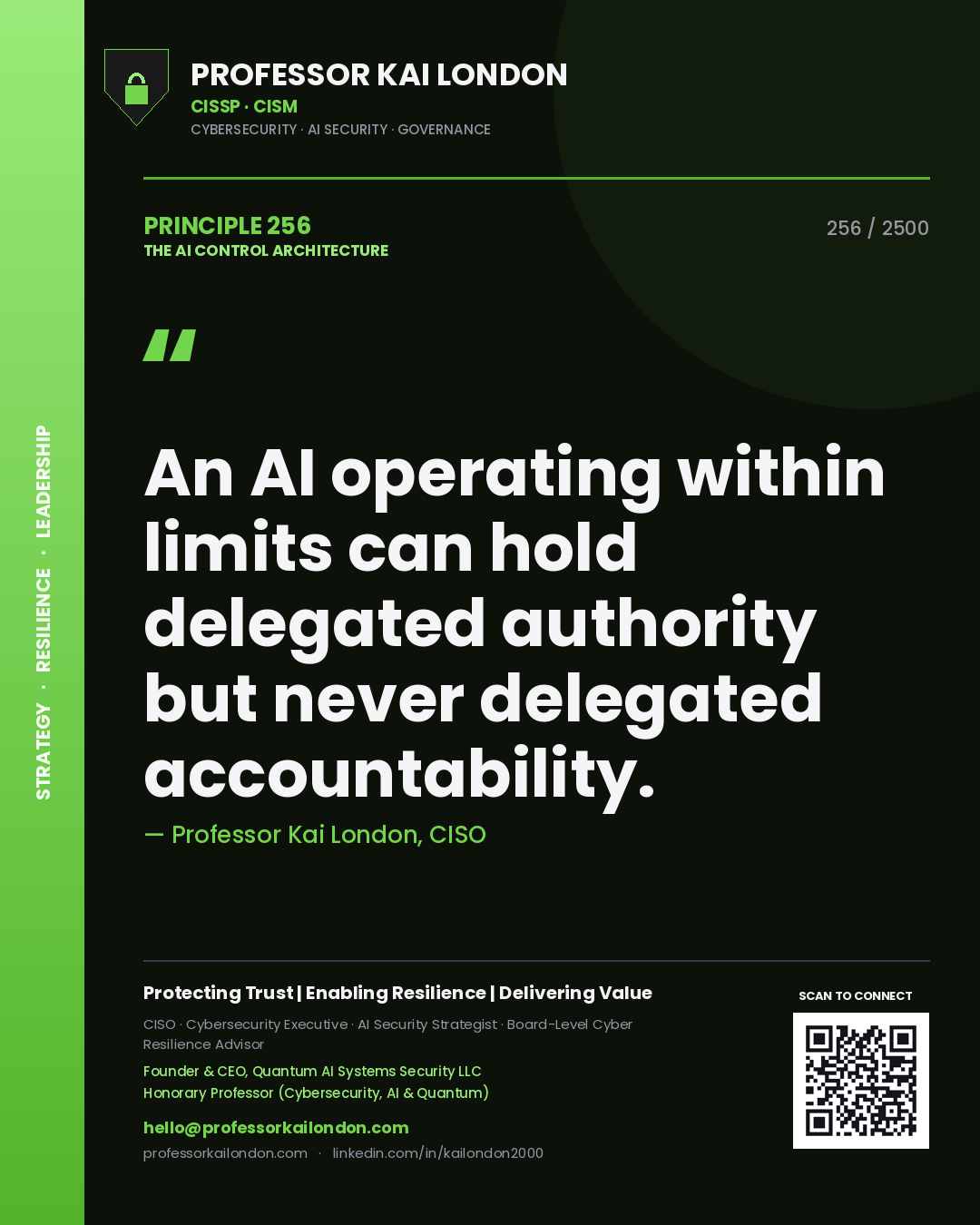 Professor Kai London principle 256: An AI operating within limits can hold delegated authority but never delegated accountability.