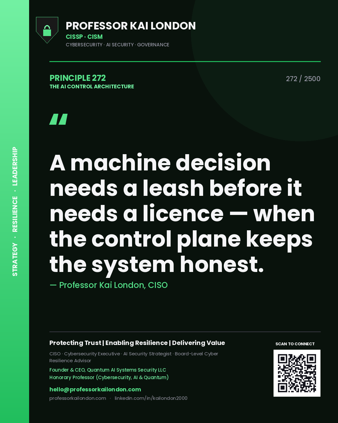Quote card by Professor Kai London reading 'A machine decision needs a leash before it needs a licence — when the control plane keeps the system honest.'. From the book The AI Control Architecture.