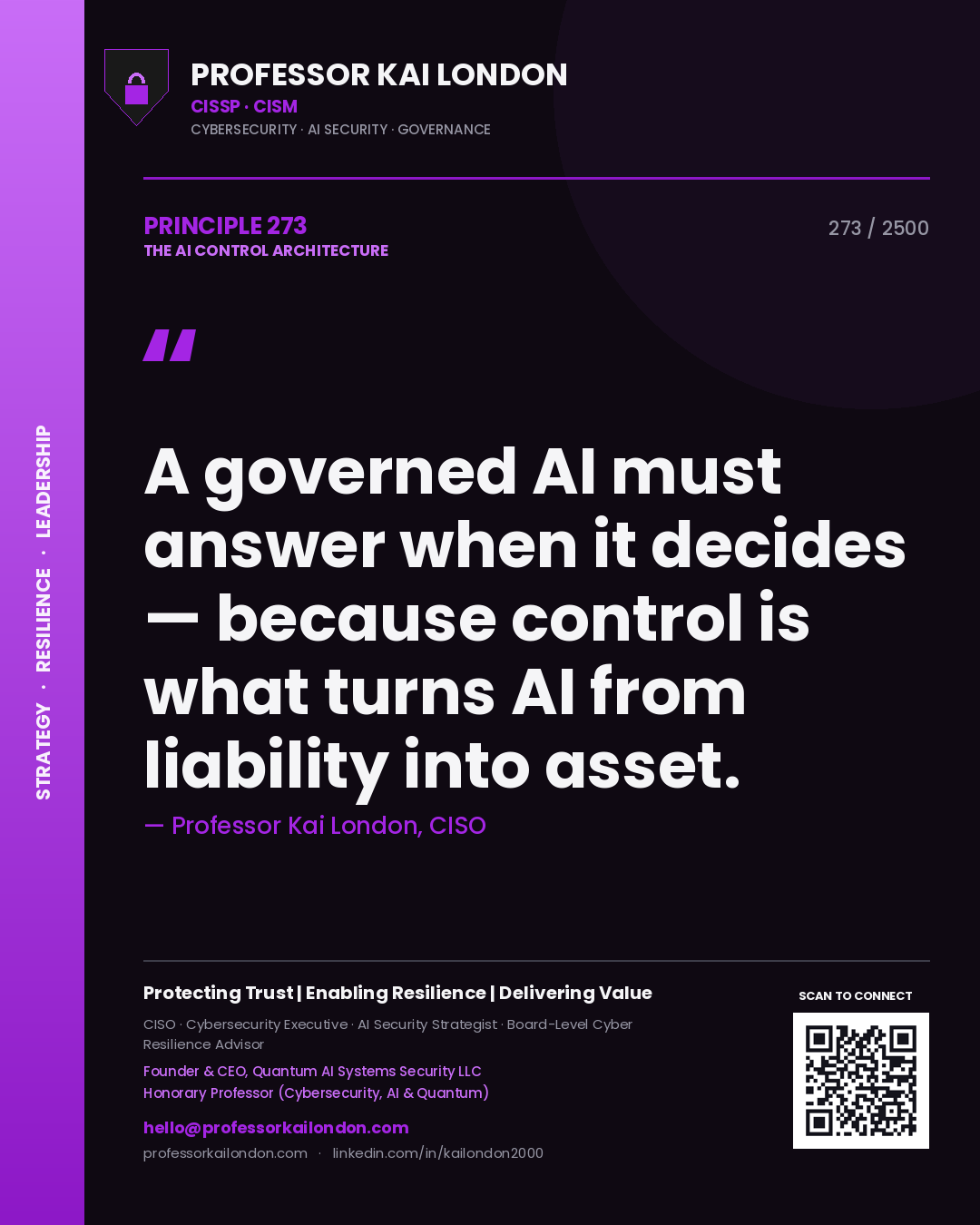 Quote card by Professor Kai London reading 'A governed AI must answer when it decides — because control is what turns AI from liability into asset.'. From the book The AI Control Architecture.