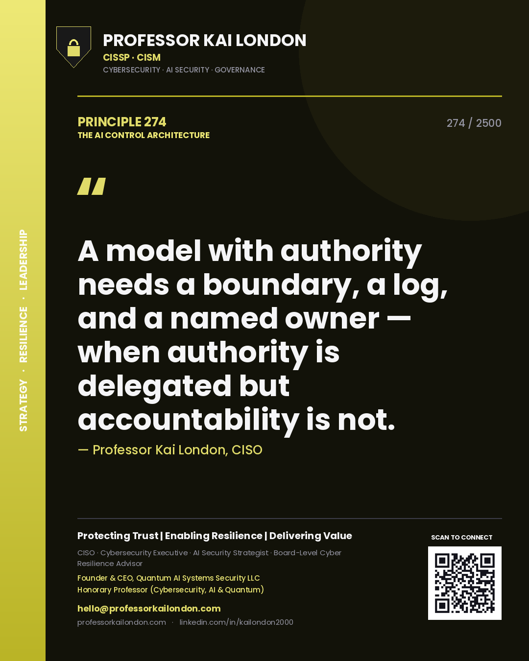 Quote card by Professor Kai London reading 'A model with authority needs a boundary, a log, and a named owner — when authority is delegated but accountability is not.'. From the book The AI Control Architecture.
