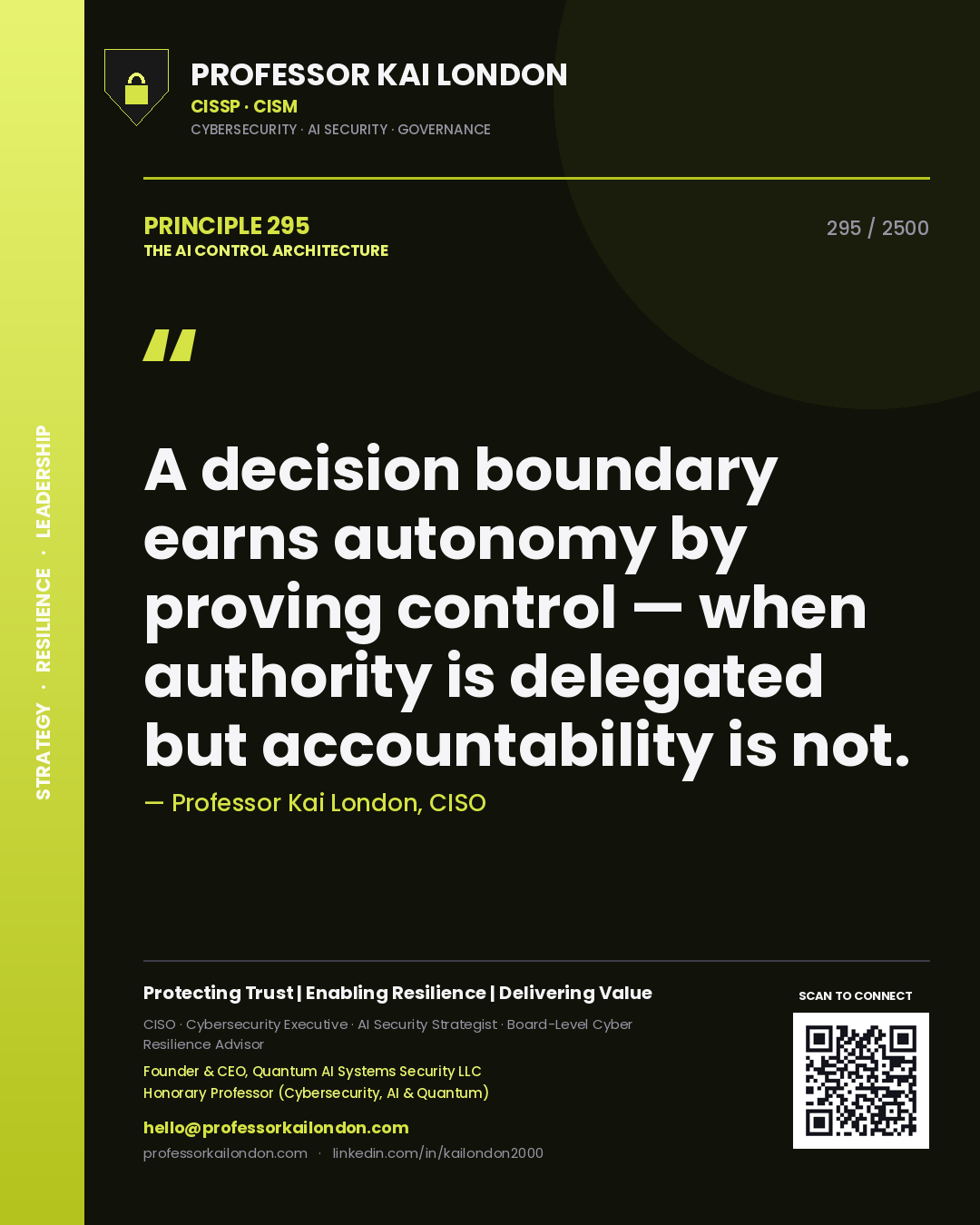 Professor Kai London principle 295: A decision boundary earns autonomy by proving control — when authority is delegated but accountability is not.