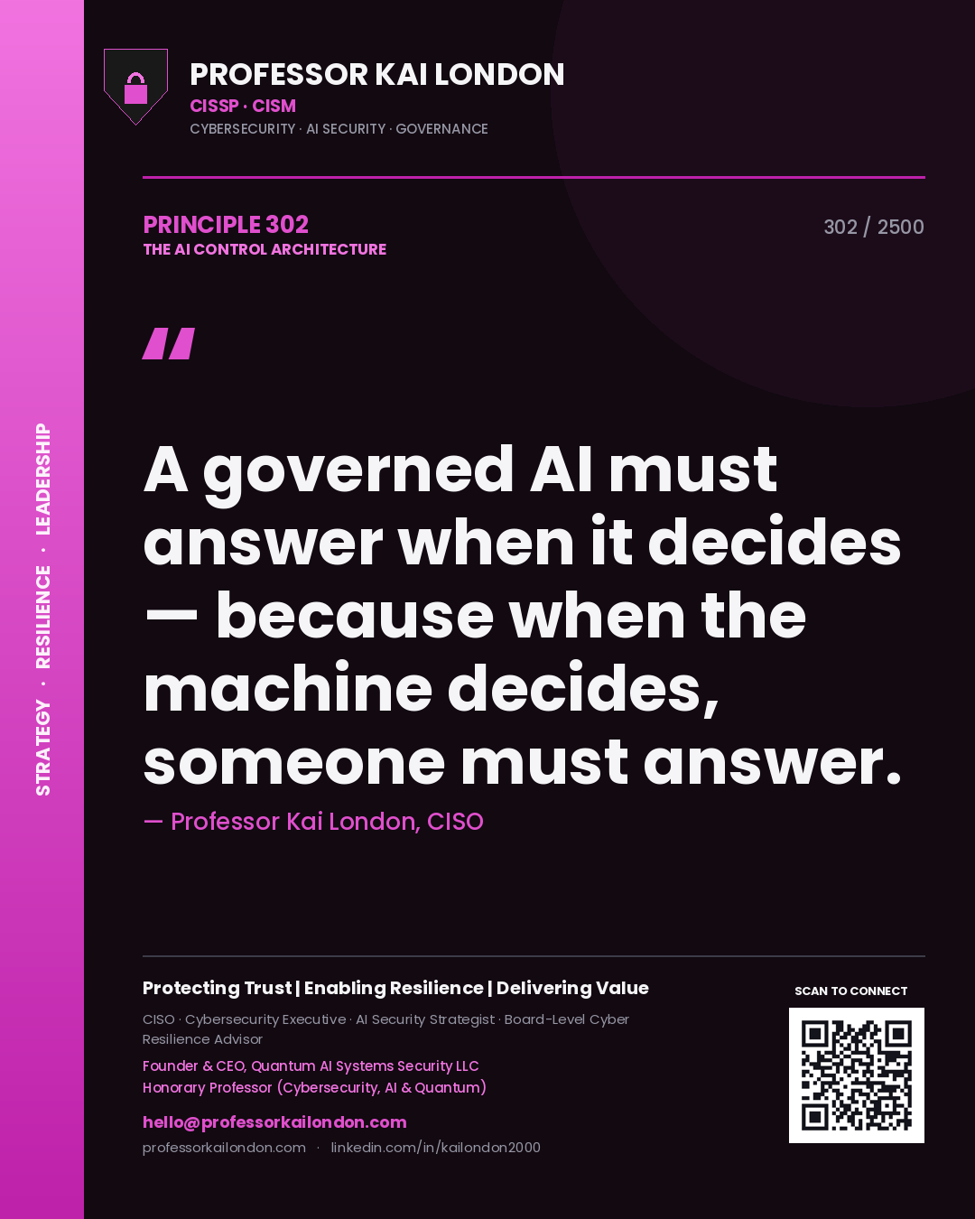 Professor Kai London principle 302: A governed AI must answer when it decides — because when the machine decides, someone must answer.