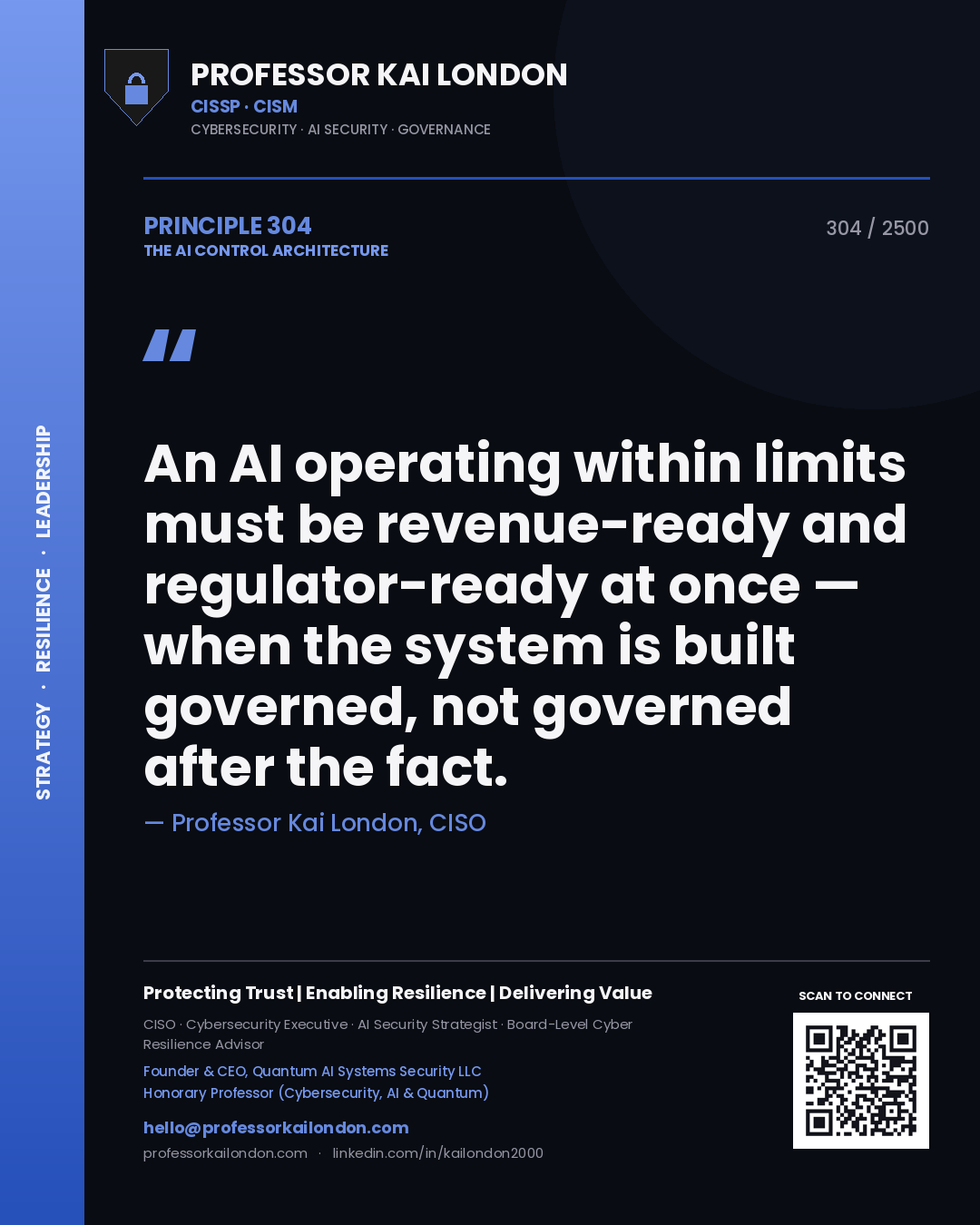 Quote card by Professor Kai London reading 'An AI operating within limits must be revenue-ready and regulator-ready at once — when the system is built governed, not governed after the fact.'. From the book The AI Control Architecture.