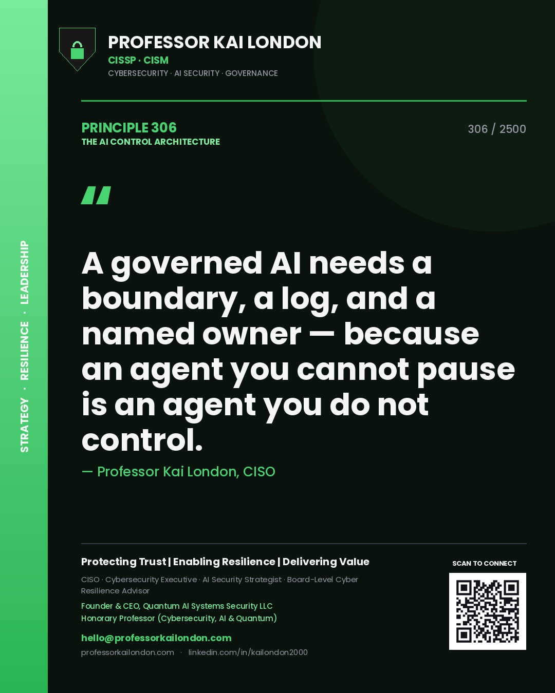 Quote card by Professor Kai London reading 'A governed AI needs a boundary, a log, and a named owner — because an agent you cannot pause is an agent you do not control.'. From the book The AI Control Architecture.