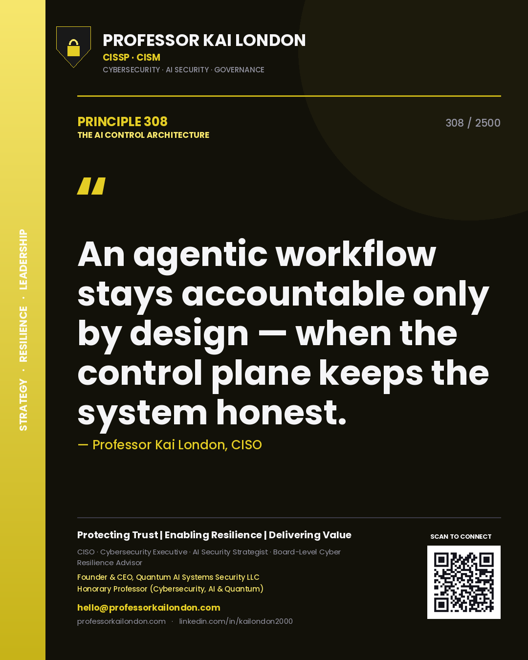 Quote card by Professor Kai London reading 'An agentic workflow stays accountable only by design — when the control plane keeps the system honest.'. From the book The AI Control Architecture.