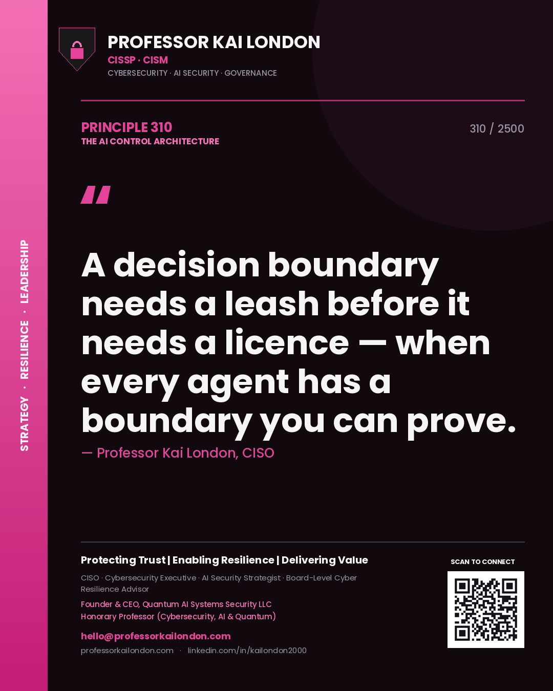 Professor Kai London principle 310: A decision boundary needs a leash before it needs a licence — when every agent has a boundary you can prove.