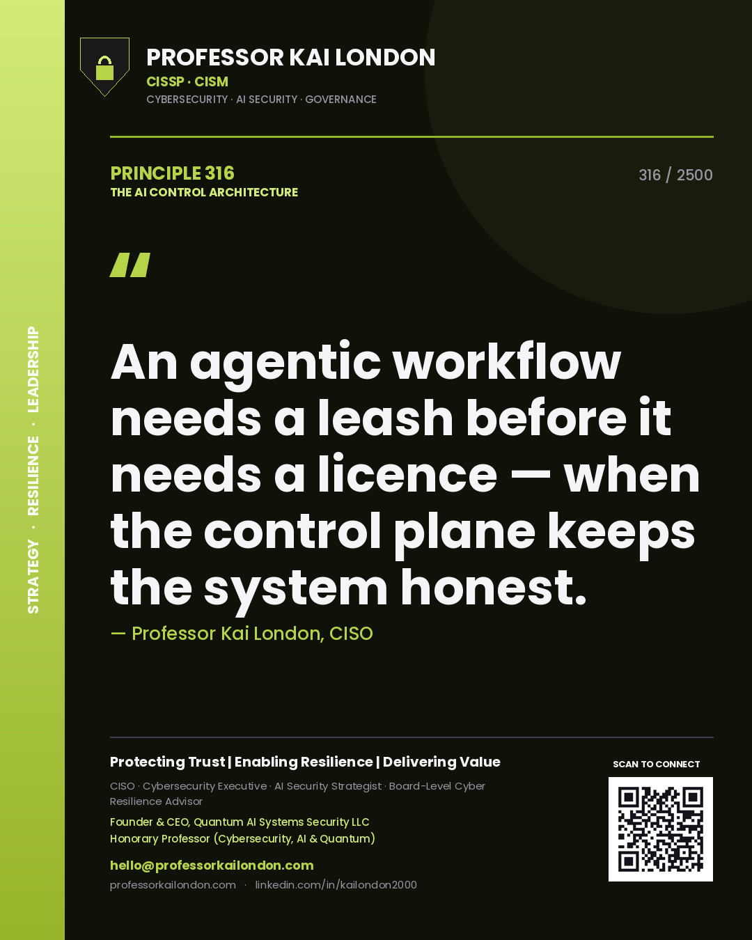 Quote card by Professor Kai London reading 'An agentic workflow needs a leash before it needs a licence — when the control plane keeps the system honest.'. From the book The AI Control Architecture.