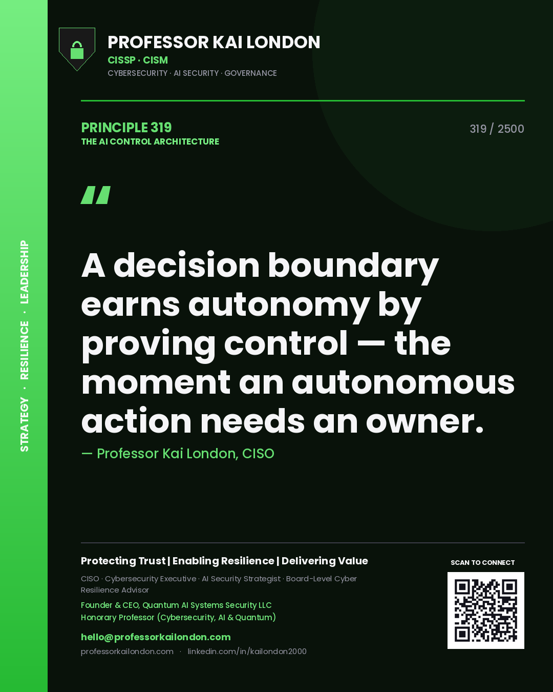 Professor Kai London principle 319: A decision boundary earns autonomy by proving control — the moment an autonomous action needs an owner.