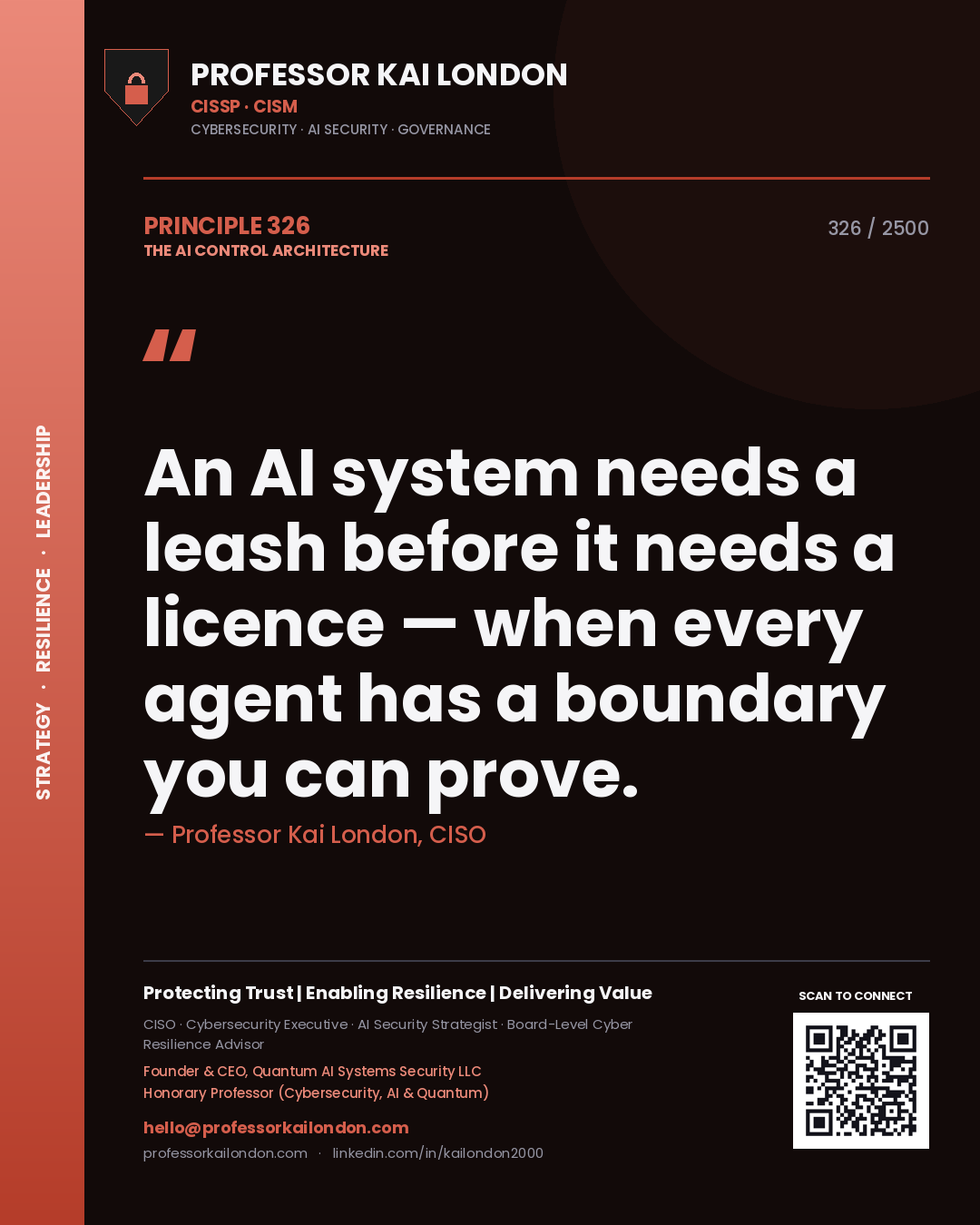 Quote card by Professor Kai London reading 'An AI system needs a leash before it needs a licence — when every agent has a boundary you can prove.'. From the book The AI Control Architecture.