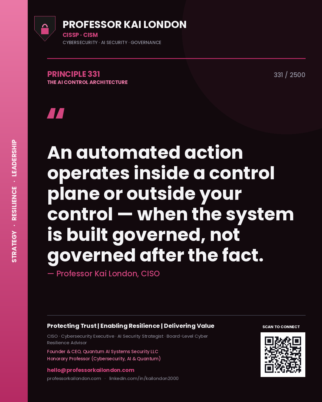 Professor Kai London principle 331: An automated action operates inside a control plane or outside your control — when the system is built governed, not governed after the fact.