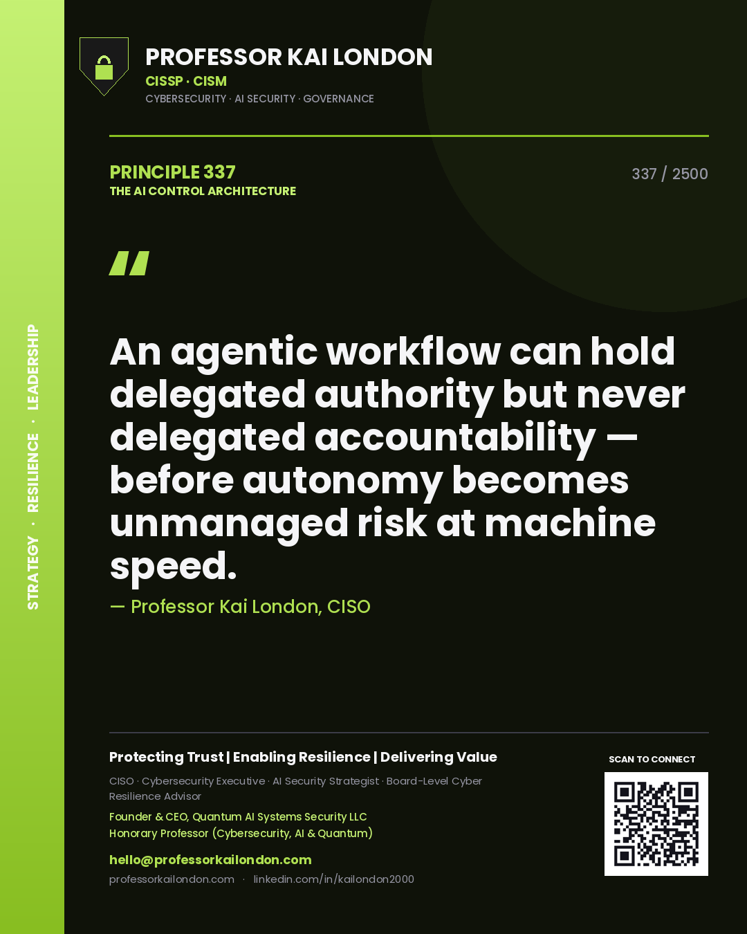 Professor Kai London principle 337: An agentic workflow can hold delegated authority but never delegated accountability — before autonomy becomes unmanaged risk at machine speed.