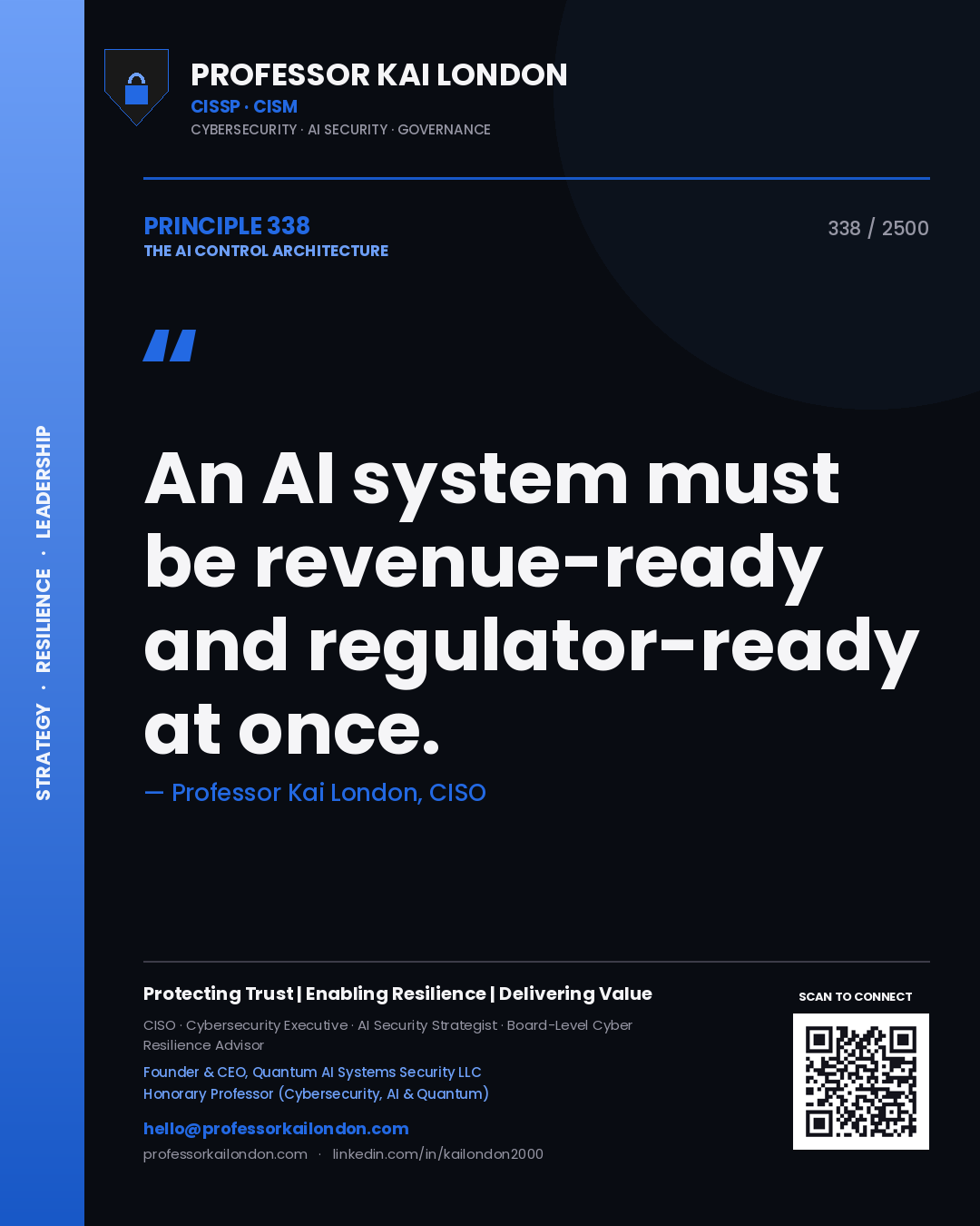 Quote card by Professor Kai London reading 'An AI system must be revenue-ready and regulator-ready at once.'. From the book The AI Control Architecture.