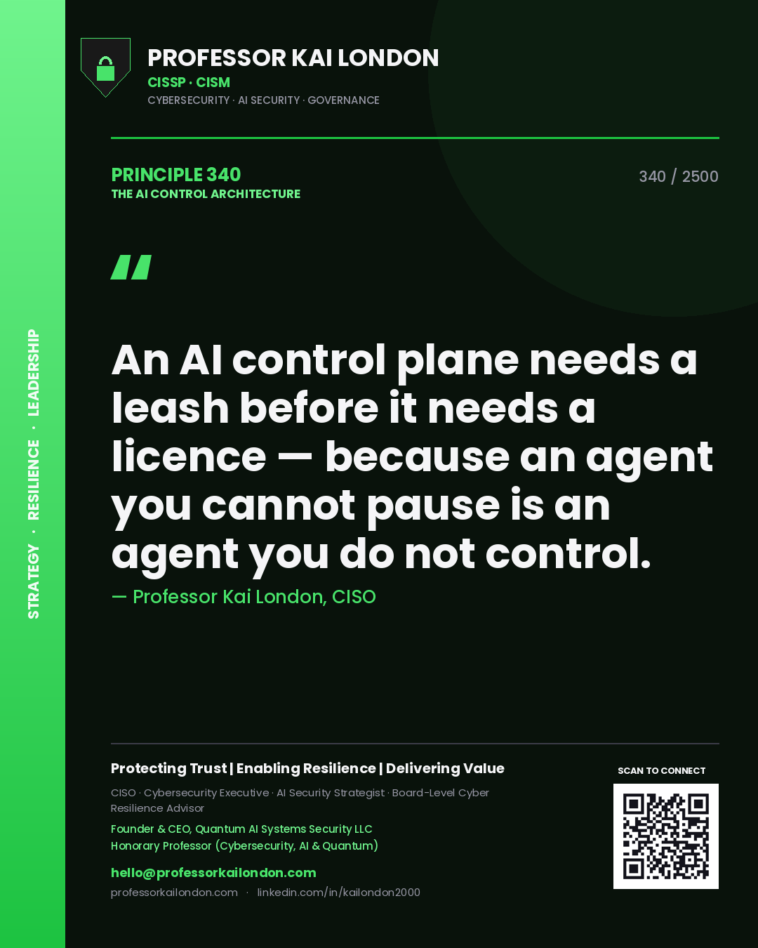 Quote card by Professor Kai London reading 'An AI control plane needs a leash before it needs a licence — because an agent you cannot pause is an agent you do not control.'. From the book The AI Control Architecture.