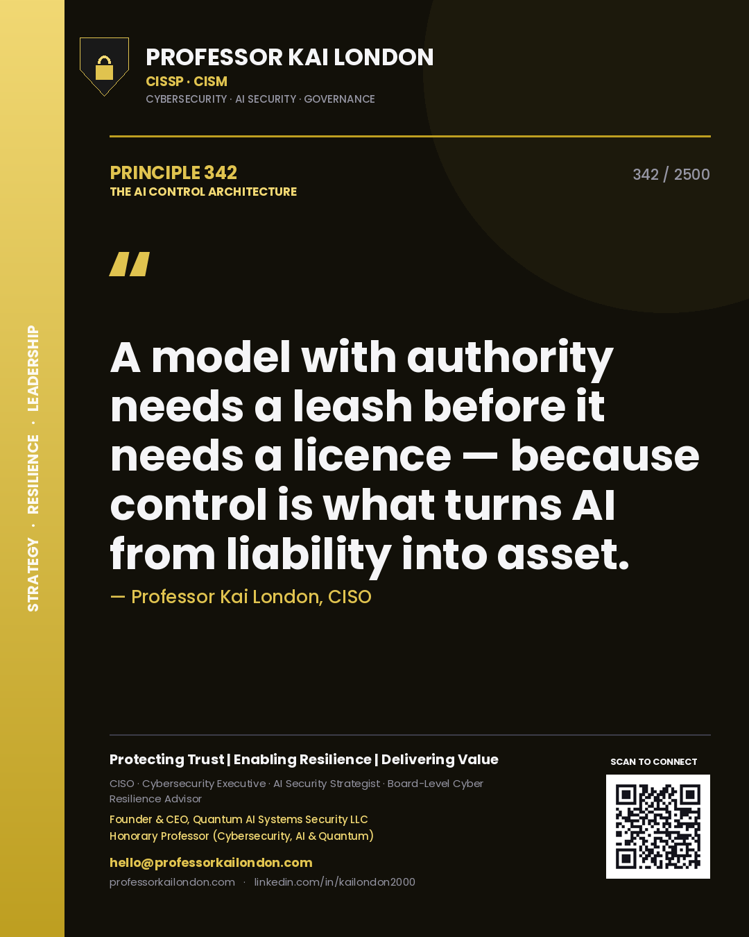 Professor Kai London principle 342: A model with authority needs a leash before it needs a licence — because control is what turns AI from liability into asset.