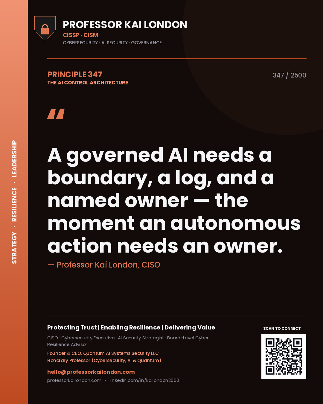 Professor Kai London principle 347: A governed AI needs a boundary, a log, and a named owner — the moment an autonomous action needs an owner.