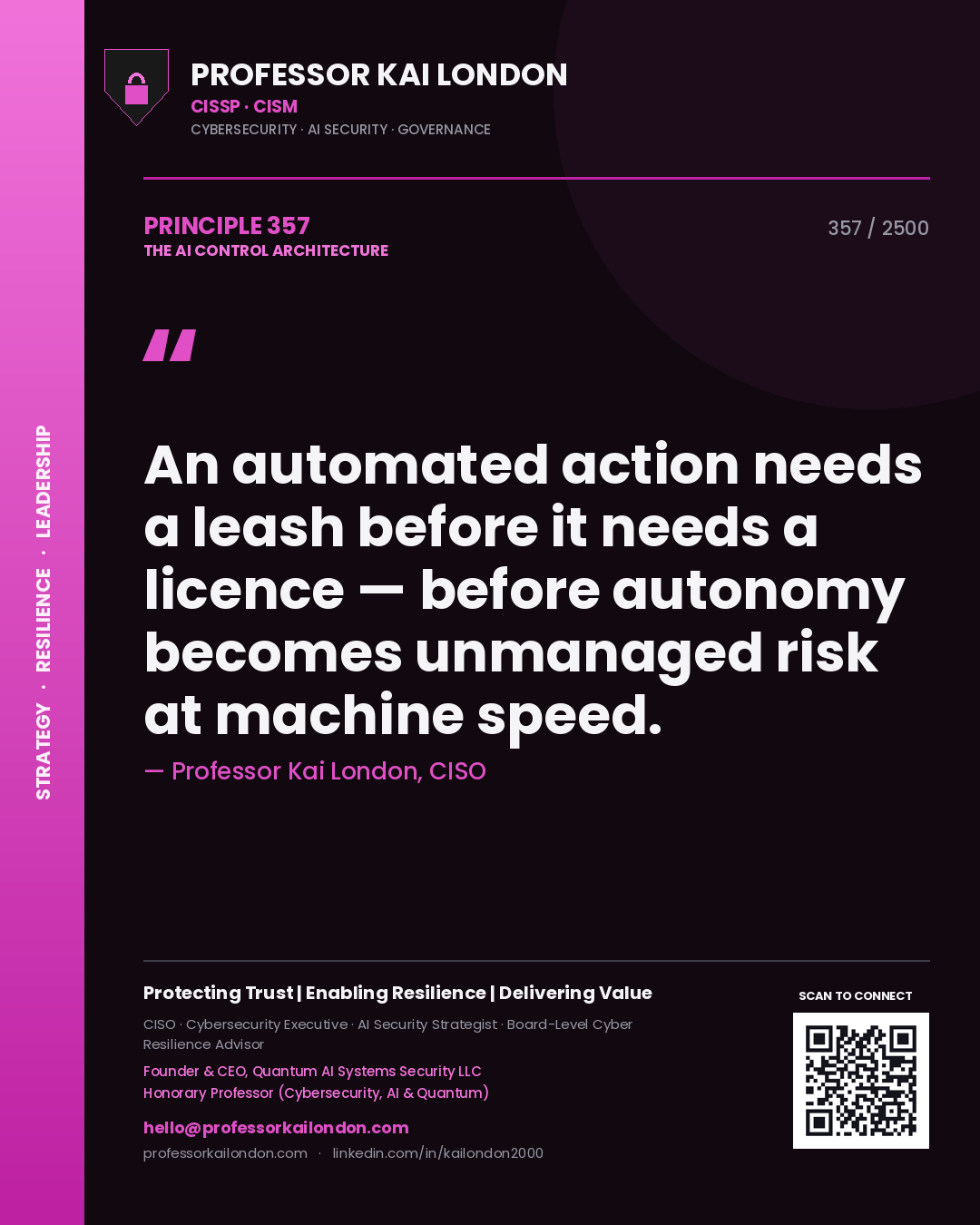 Quote card by Professor Kai London reading 'An automated action needs a leash before it needs a licence — before autonomy becomes unmanaged risk at machine speed.'. From the book The AI Control Architecture.