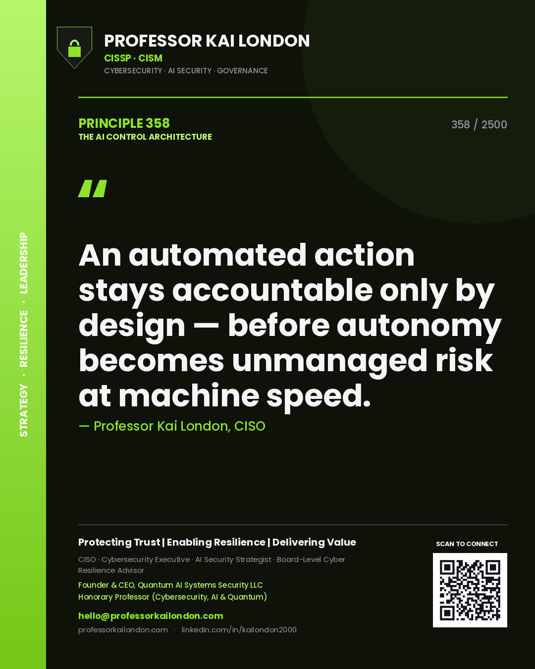 Quote card by Professor Kai London reading 'An automated action stays accountable only by design — before autonomy becomes unmanaged risk at machine speed.'. From the book The AI Control Architecture.
