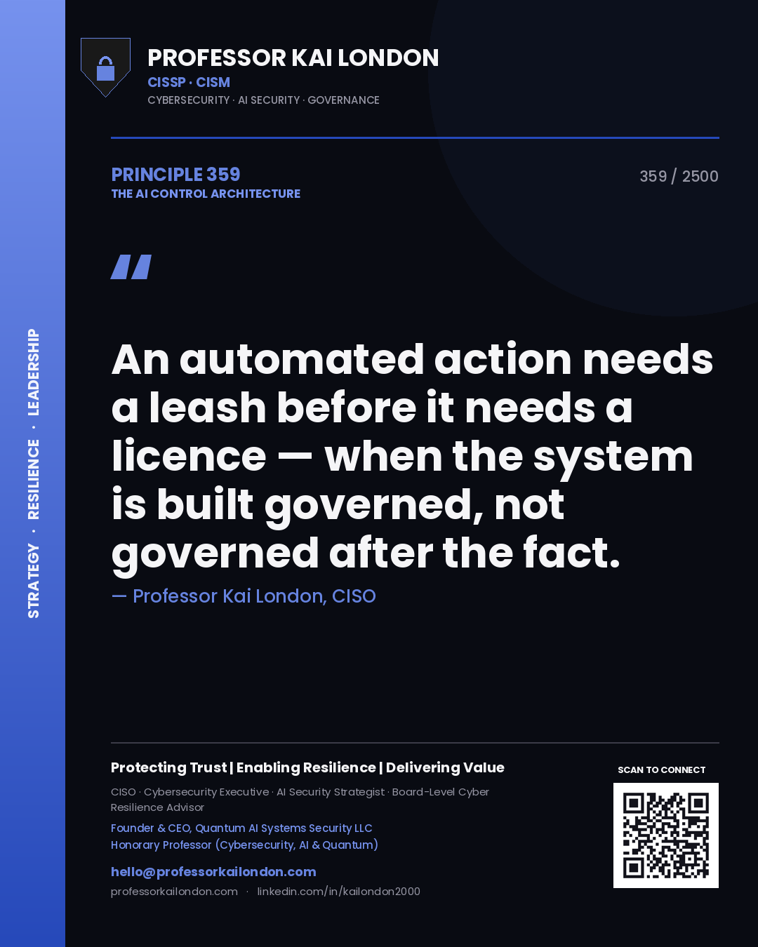 Professor Kai London principle 359: An automated action needs a leash before it needs a licence — when the system is built governed, not governed after the fact.