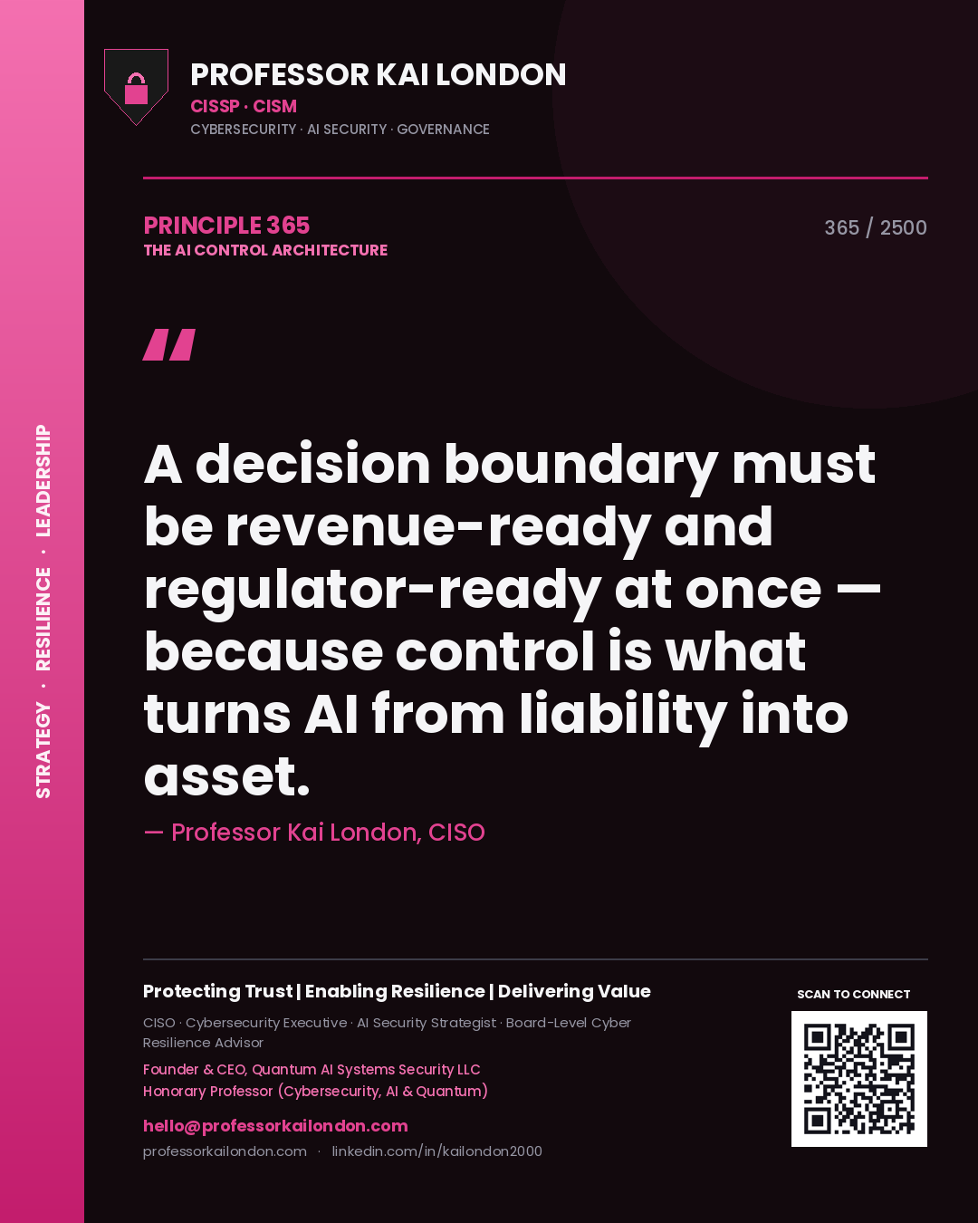 Professor Kai London principle 365: A decision boundary must be revenue-ready and regulator-ready at once — because control is what turns AI from liability into asset.