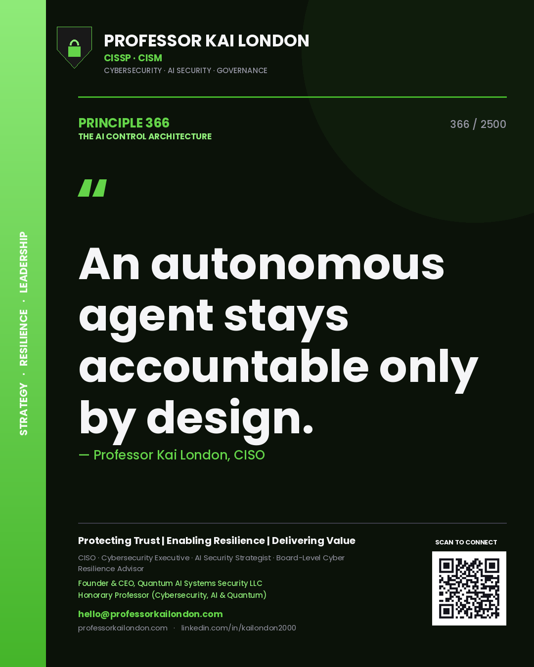 Professor Kai London principle 366: An autonomous agent stays accountable only by design.