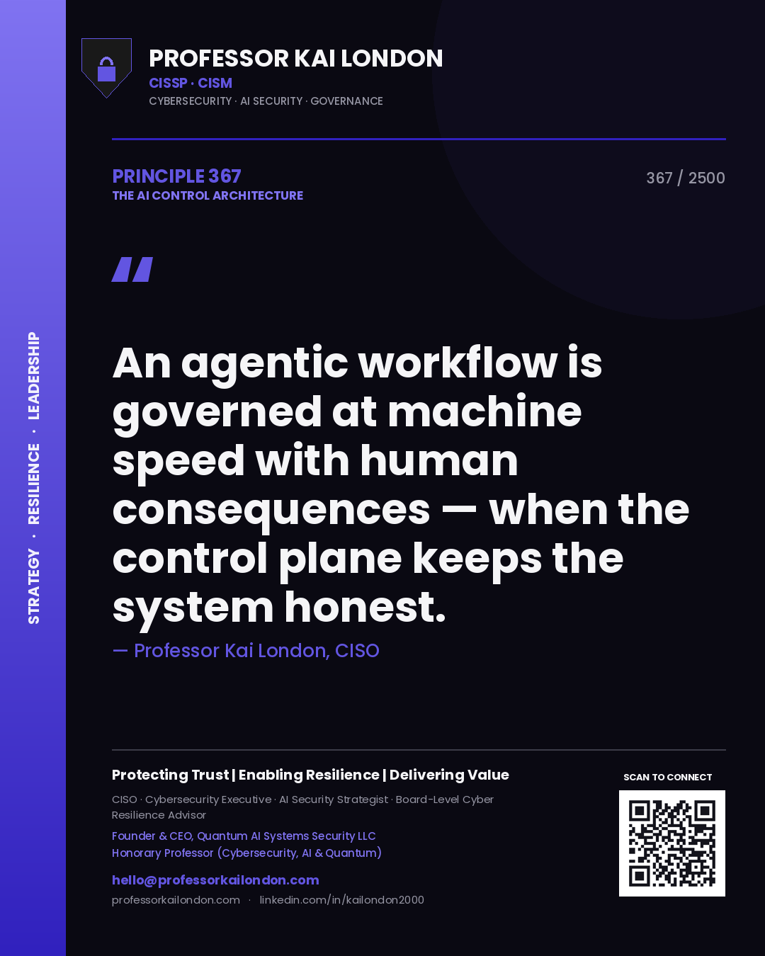 Professor Kai London principle 367: An agentic workflow is governed at machine speed with human consequences — when the control plane keeps the system honest.
