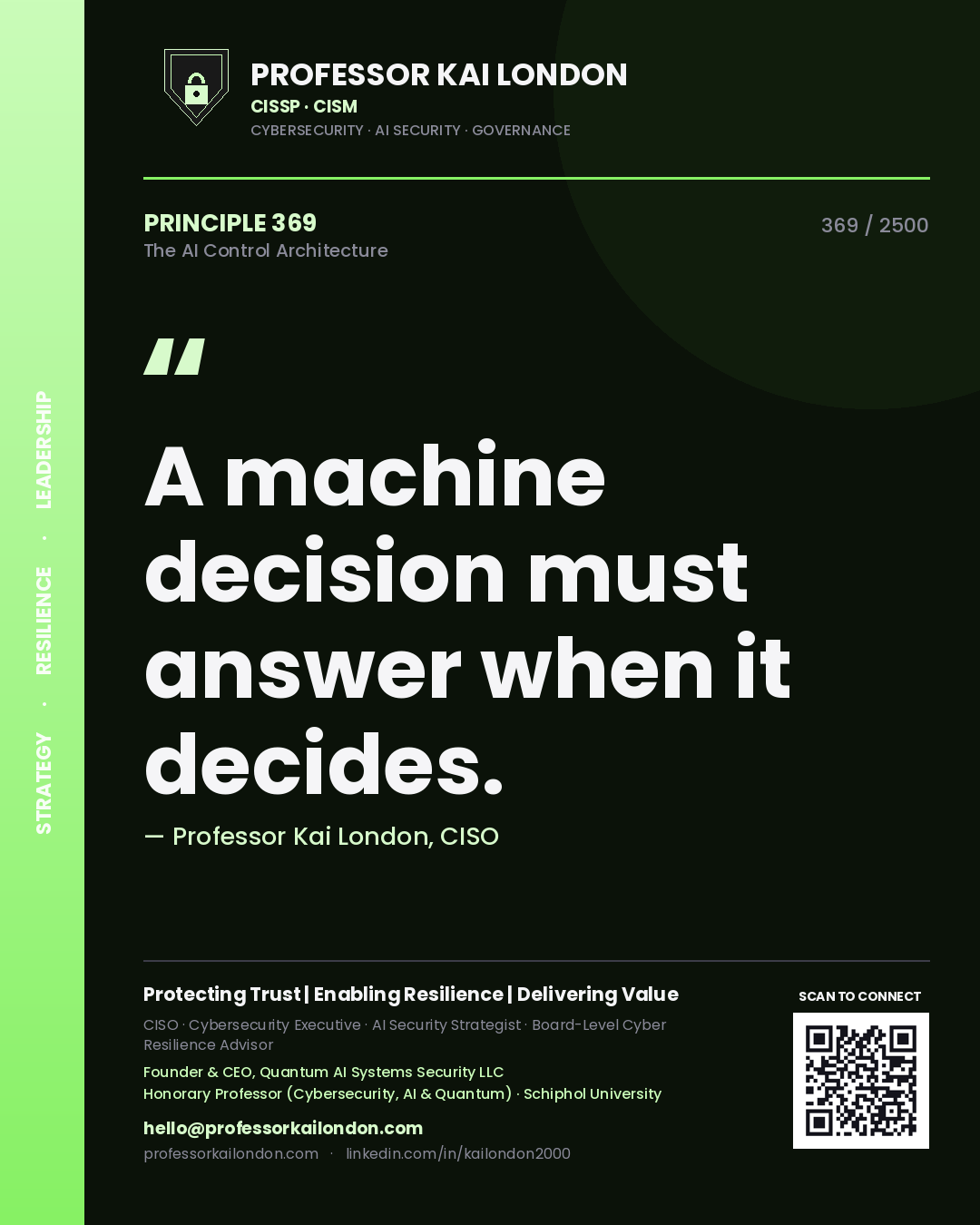 Quote card by Professor Kai London reading 'A machine decision must answer when it decides.'. From the book The AI Control Architecture.