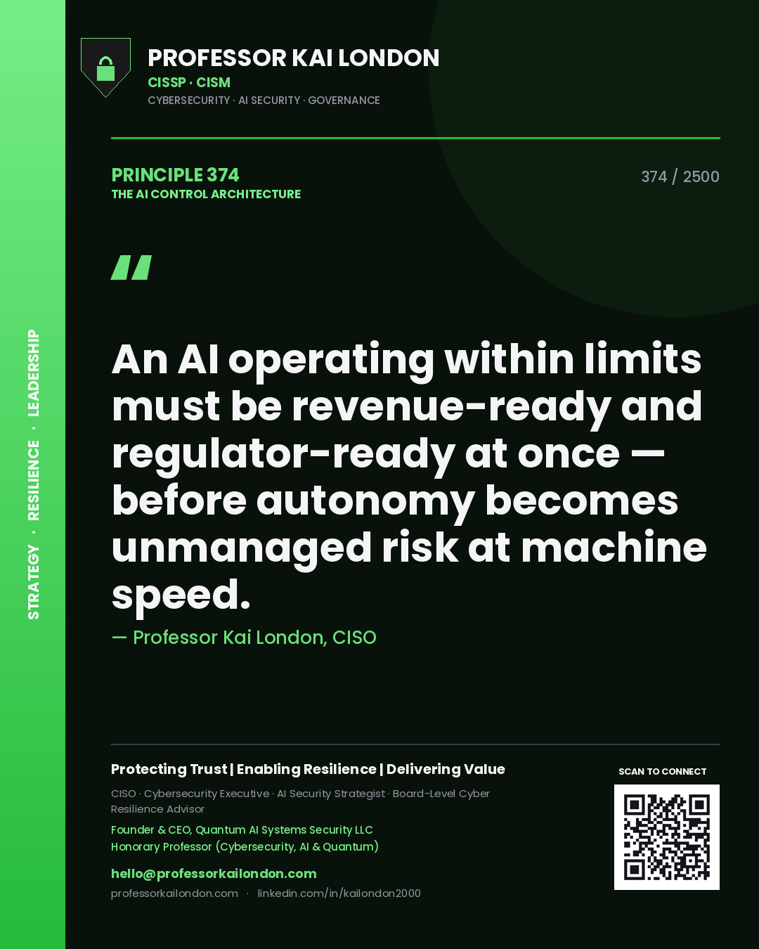 Quote card by Professor Kai London reading 'An AI operating within limits must be revenue-ready and regulator-ready at once — before autonomy becomes unmanaged risk at machine speed.'. From the book The AI Control Architecture.
