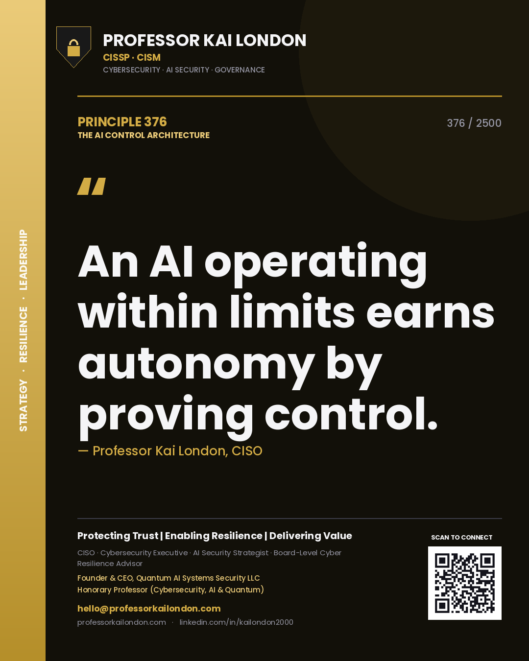 Quote card by Professor Kai London reading 'An AI operating within limits earns autonomy by proving control.'. From the book The AI Control Architecture.