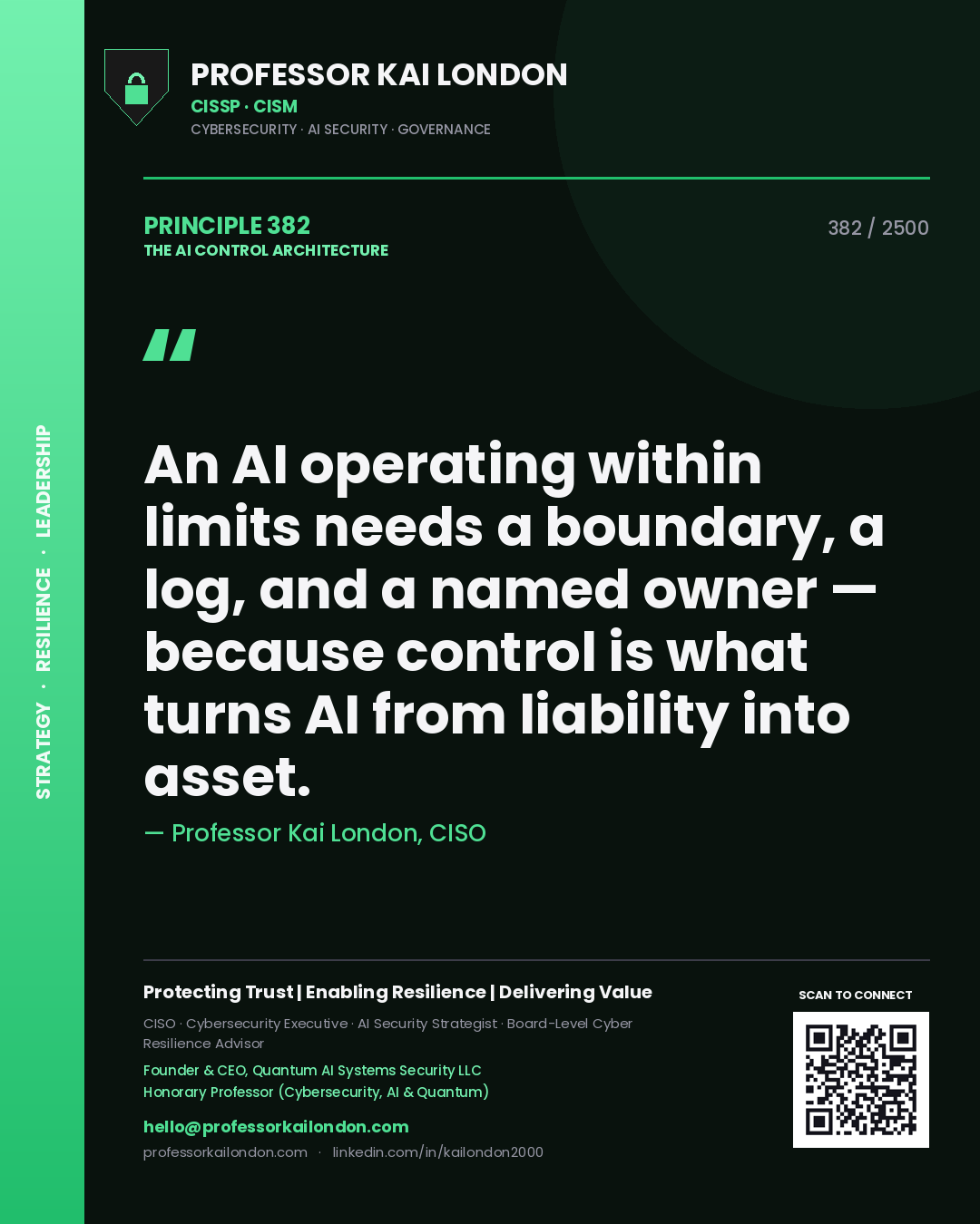 Professor Kai London principle 382: An AI operating within limits needs a boundary, a log, and a named owner — because control is what turns AI from liability into asset.