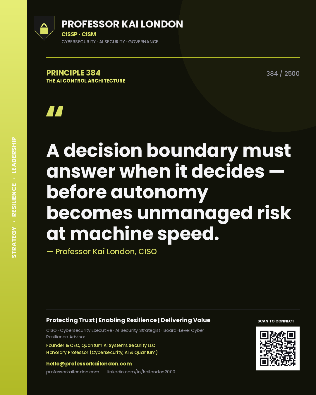 Professor Kai London principle 384: A decision boundary must answer when it decides — before autonomy becomes unmanaged risk at machine speed.