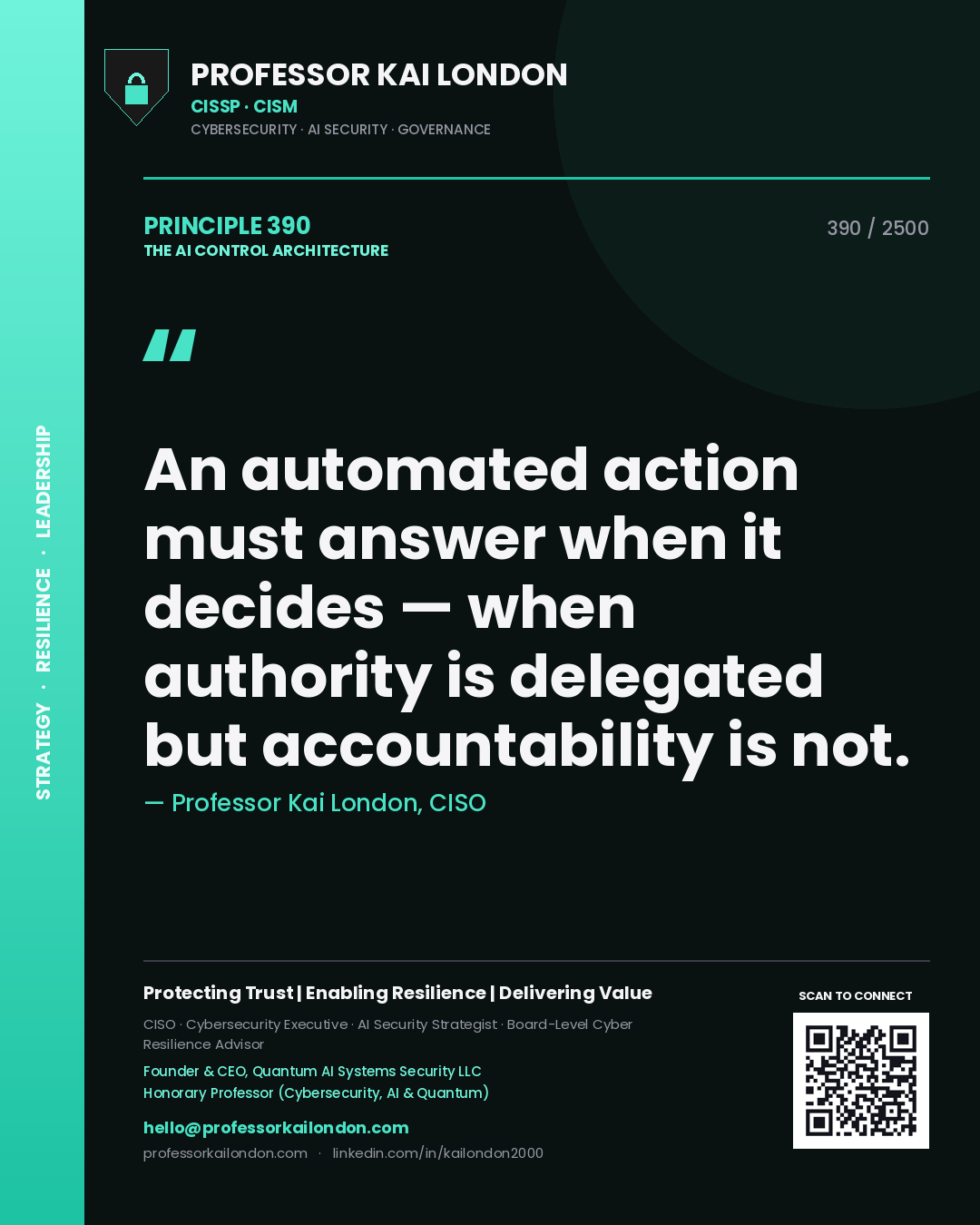 Professor Kai London principle 390: An automated action must answer when it decides — when authority is delegated but accountability is not.