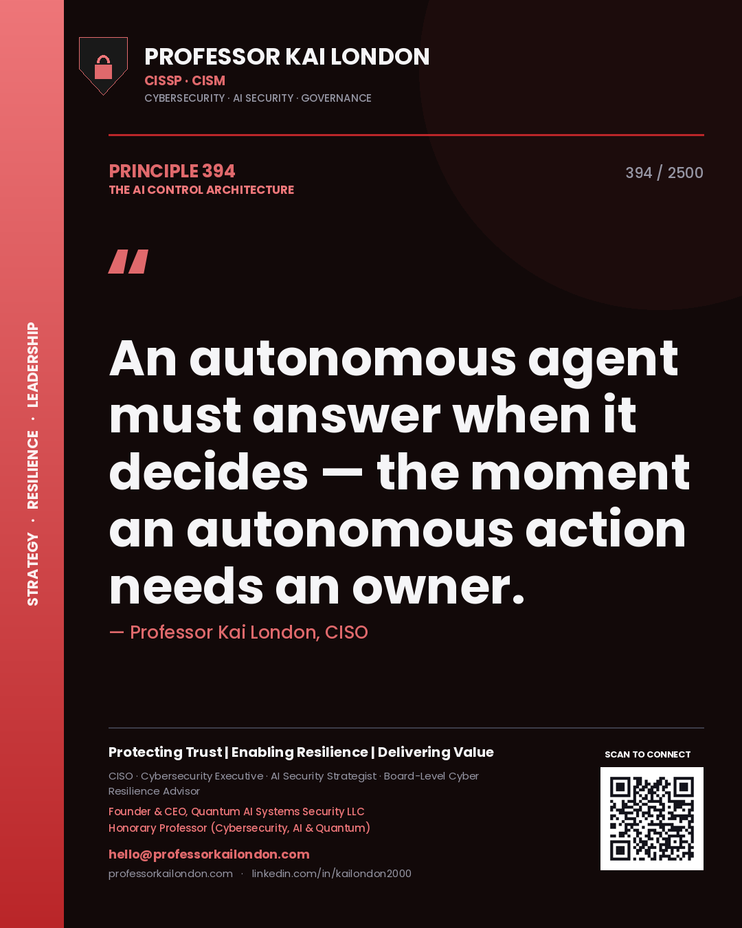 Quote card by Professor Kai London reading 'An autonomous agent must answer when it decides — the moment an autonomous action needs an owner.'. From the book The AI Control Architecture.