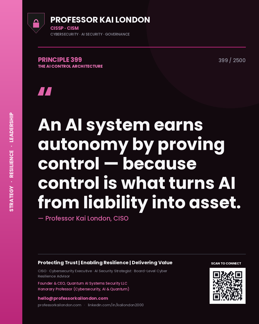 Quote card by Professor Kai London reading 'An AI system earns autonomy by proving control — because control is what turns AI from liability into asset.'. From the book The AI Control Architecture.